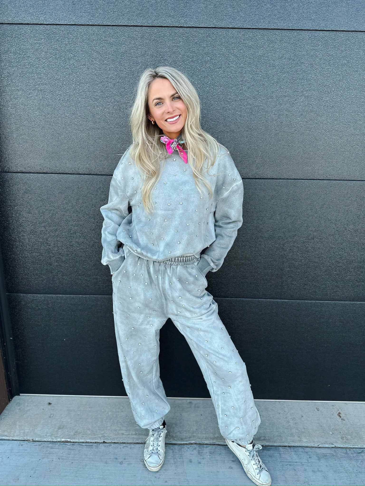 DAVI & DANI GREY RHINESTONE SWEAT SET - SET