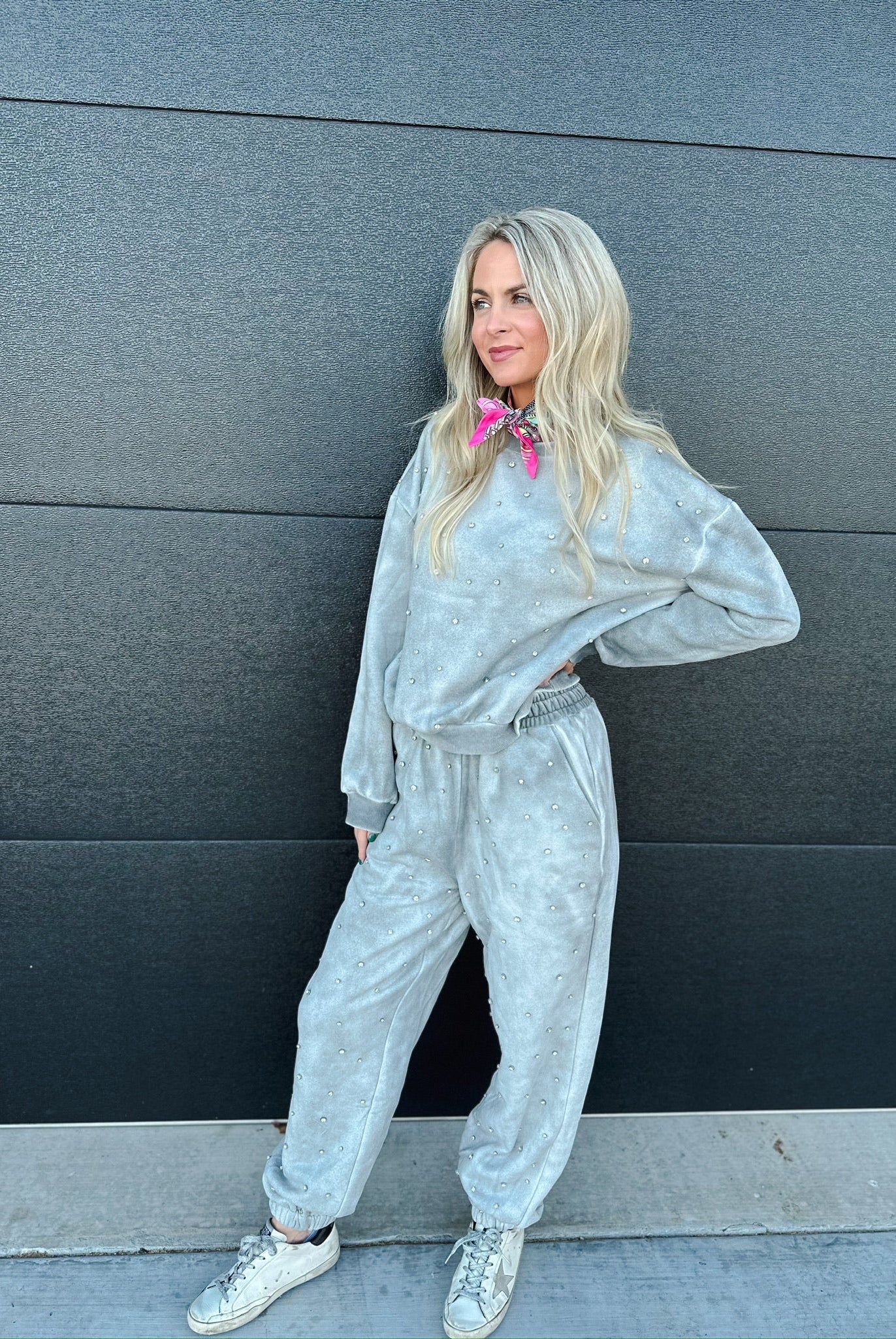 DAVI & DANI GREY RHINESTONE SWEAT SET - SET