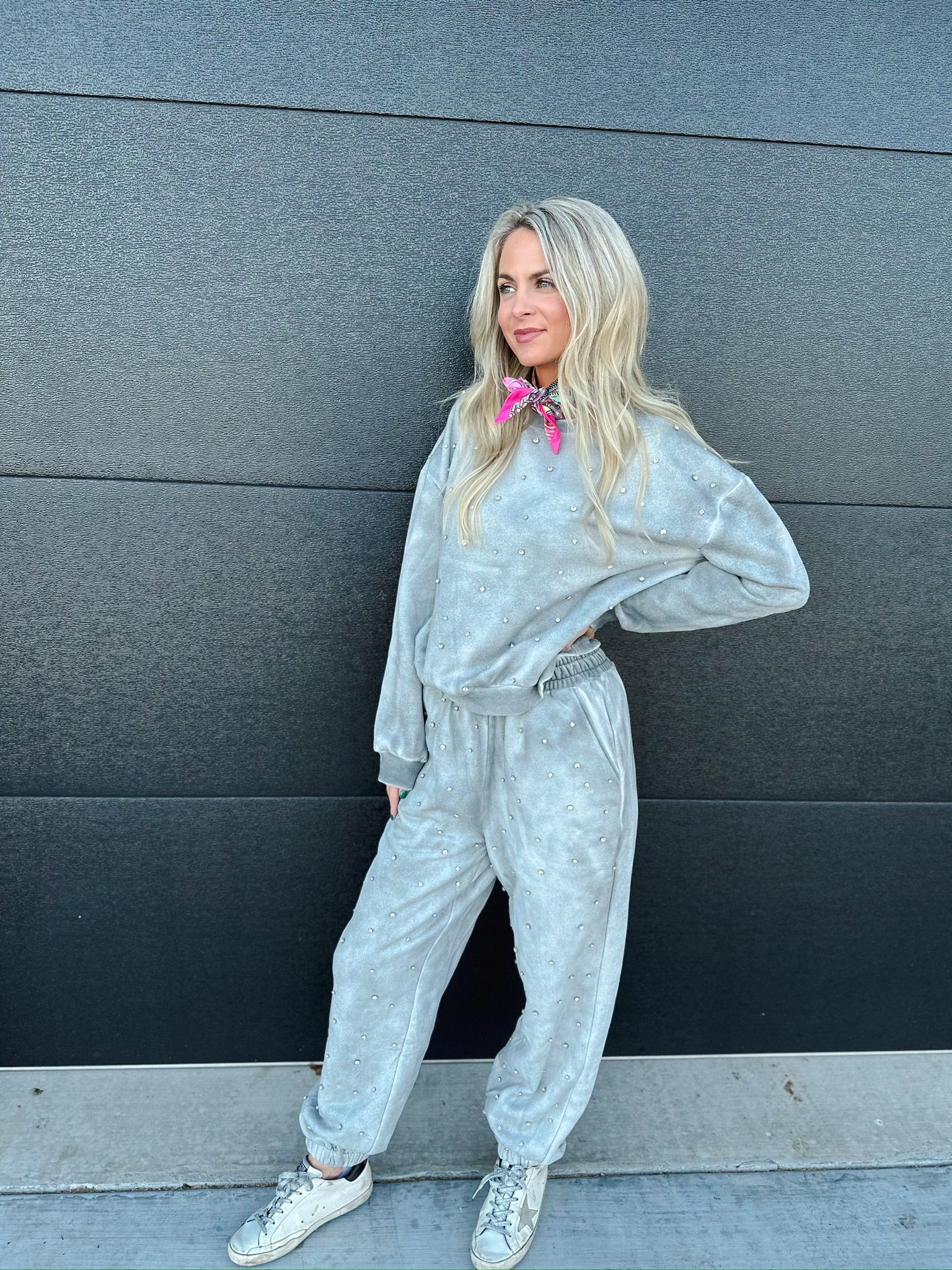 DAVI & DANI GREY RHINESTONE SWEAT SET - SET