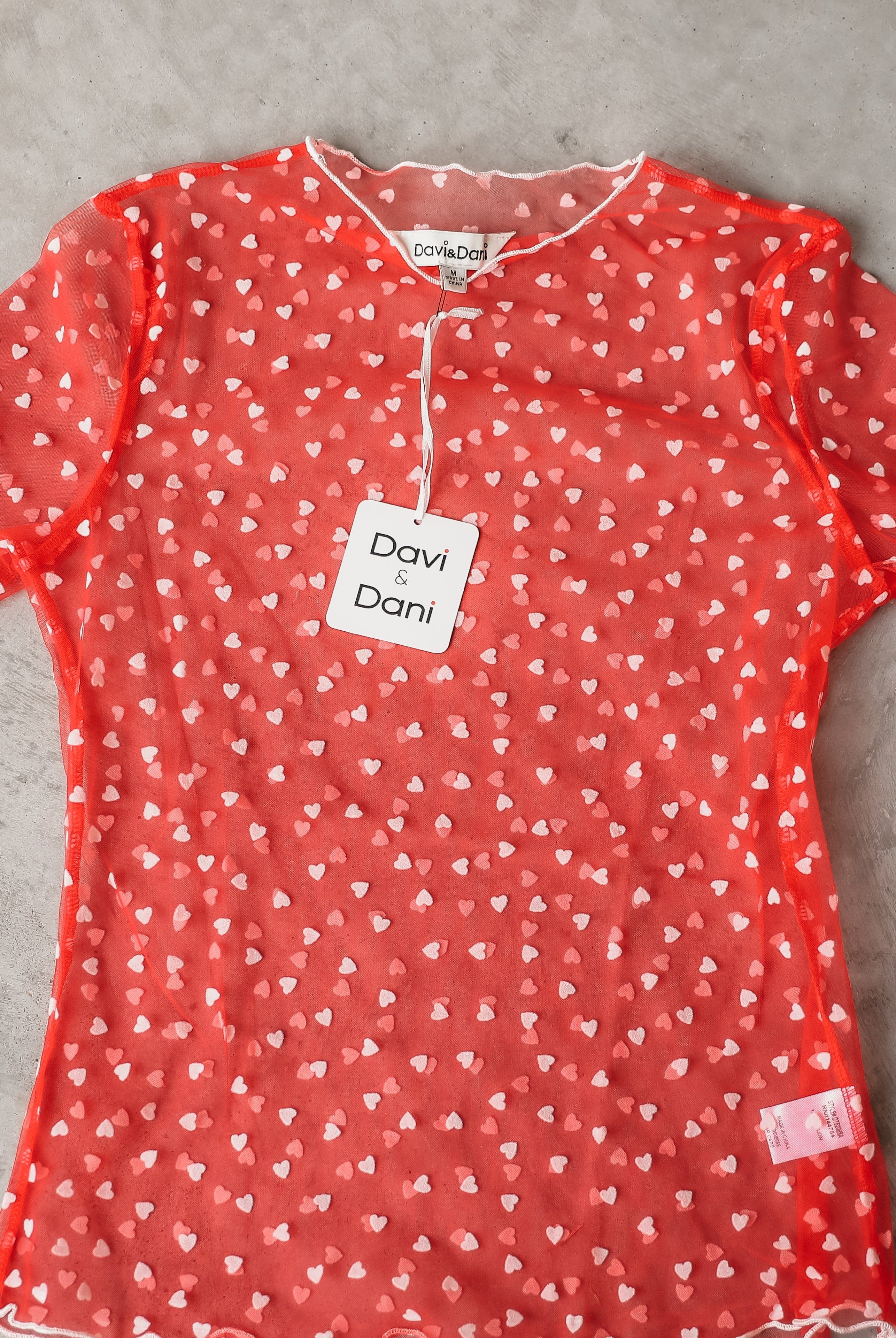 DAVI&DANI RED SHEER TOP WITH HEARTS FOR LAYERING - Tops