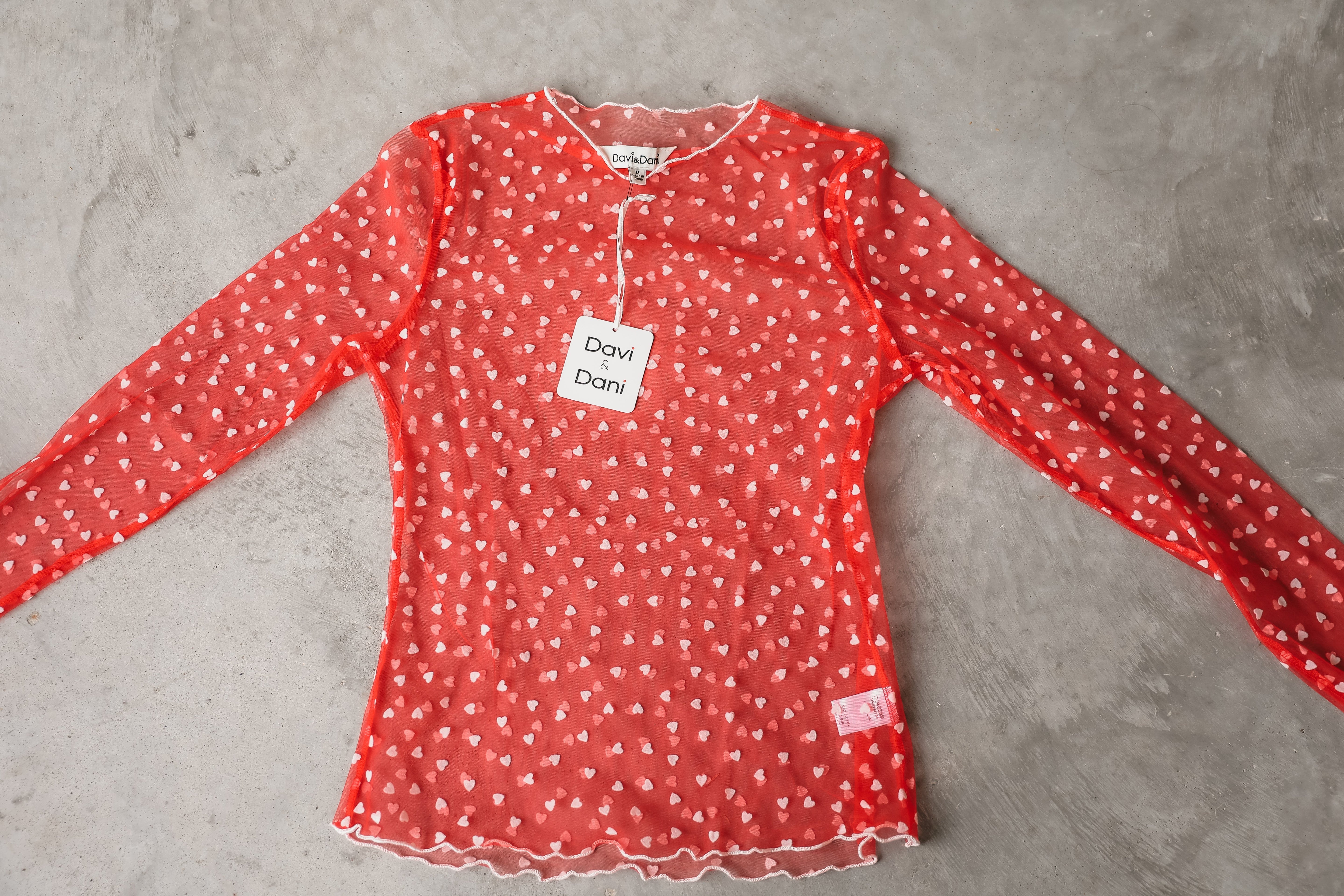 DAVI&DANI RED SHEER TOP WITH HEARTS FOR LAYERING - Tops