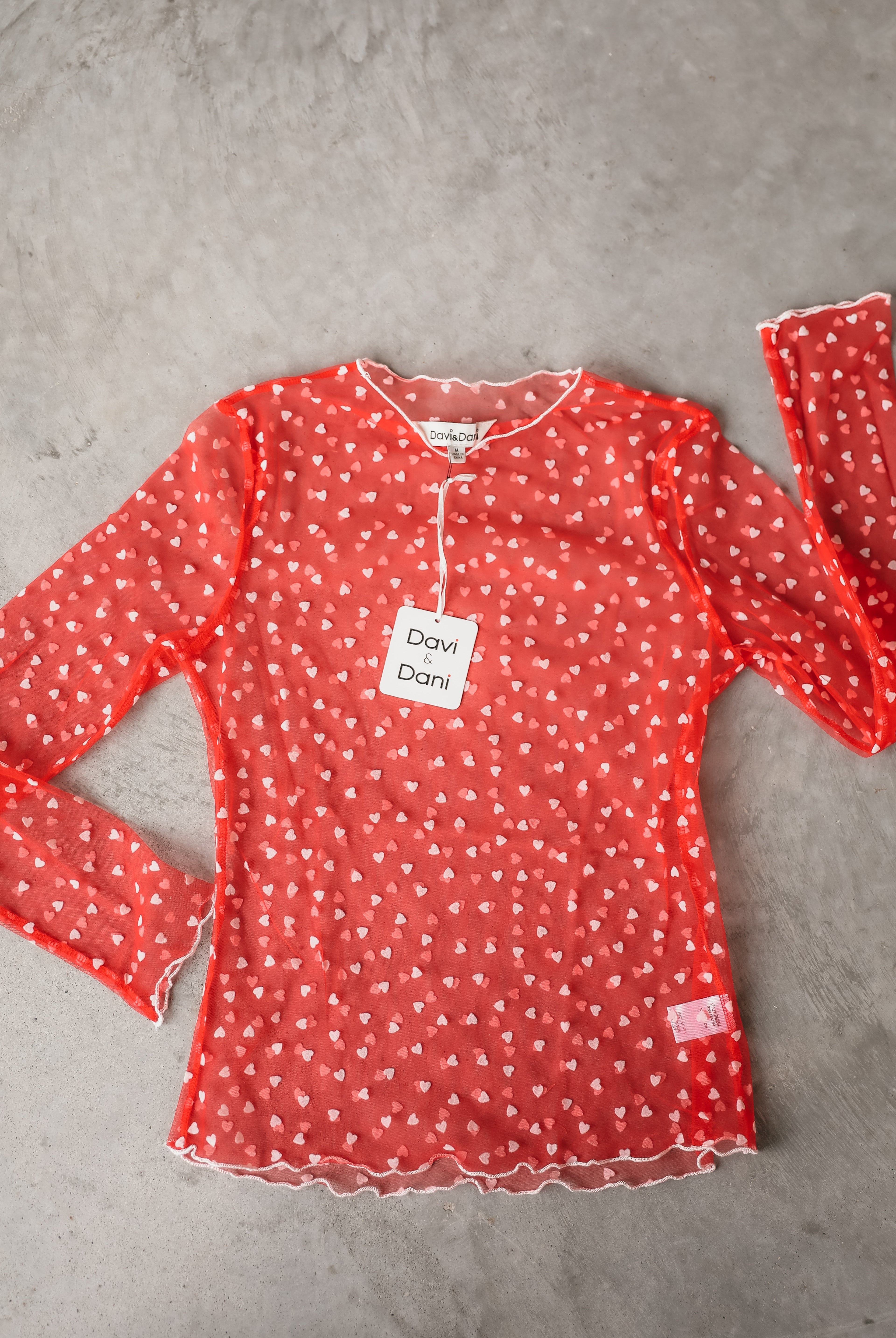 DAVI&DANI RED SHEER TOP WITH HEARTS FOR LAYERING - Tops