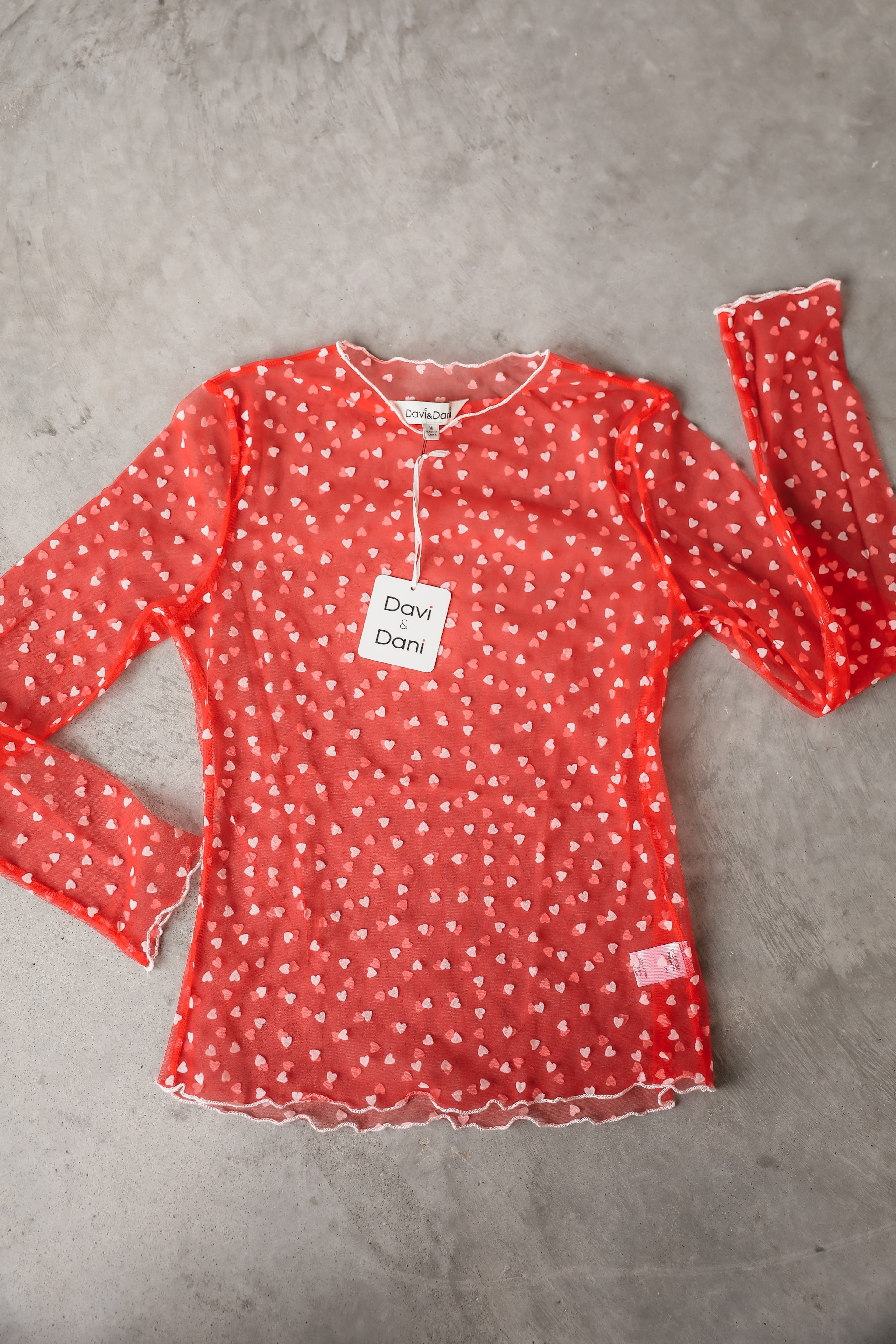 DAVI&DANI RED SHEER TOP WITH HEARTS FOR LAYERING - Tops
