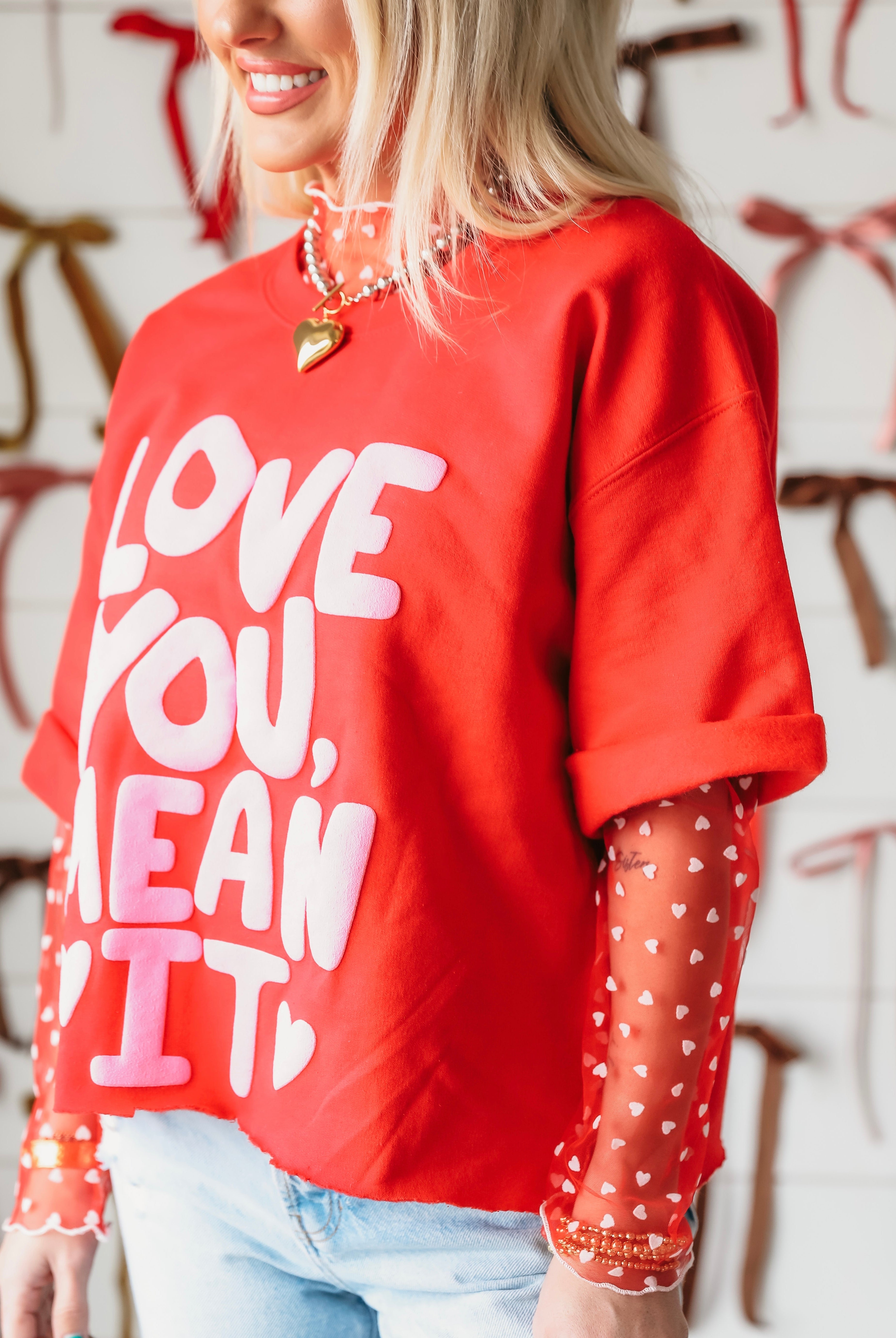 DAVI&DANI RED SHEER TOP WITH HEARTS FOR LAYERING - Tops
