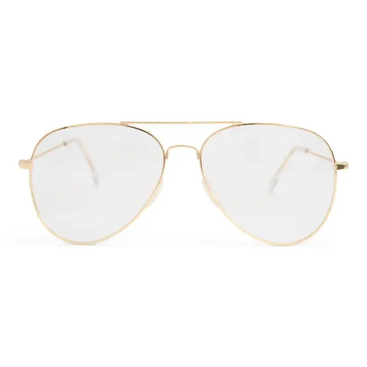 Gold aviator-style blue light blocking glasses with oversized clear lenses, on a white background.