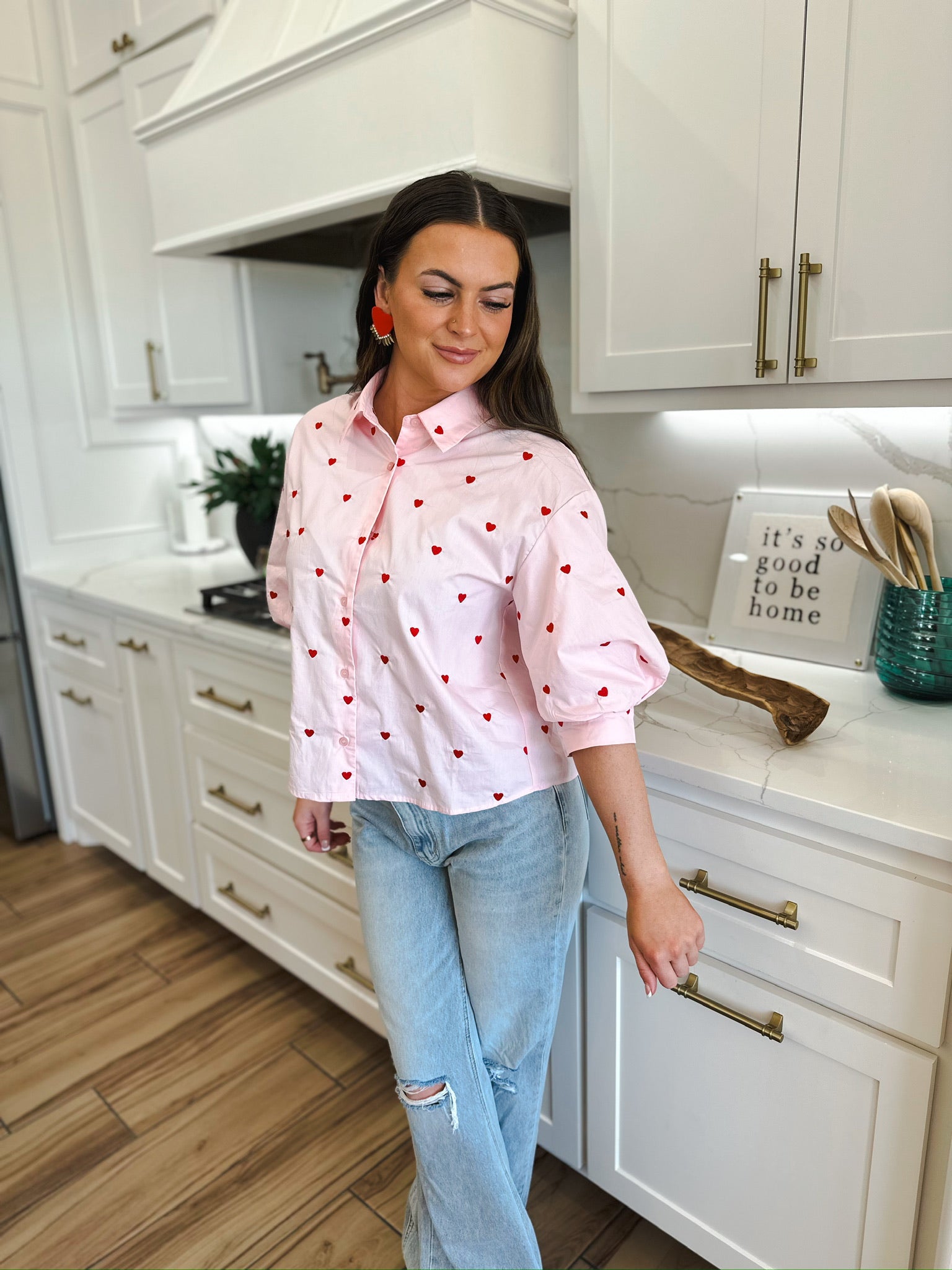 DAY + MOON PINK VALENTINES HEART EMBROIDERED BUTTON DOWN SHIRT - Tops