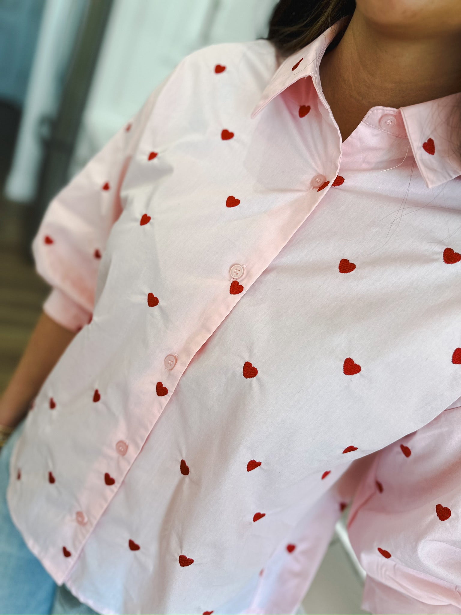 DAY + MOON PINK VALENTINES HEART EMBROIDERED BUTTON DOWN SHIRT - Tops