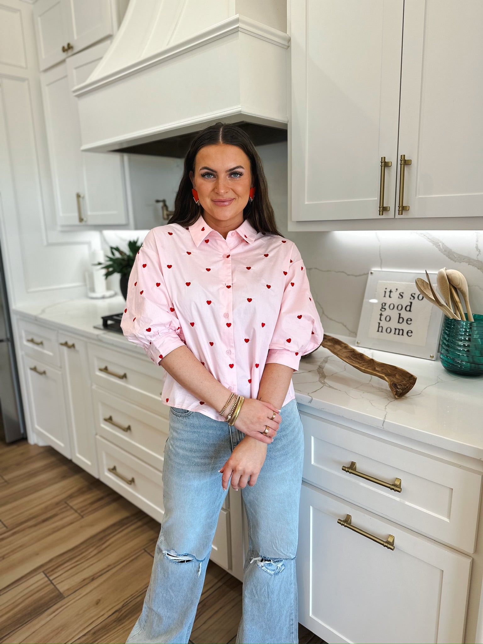 DAY + MOON PINK VALENTINES HEART EMBROIDERED BUTTON DOWN SHIRT - Tops