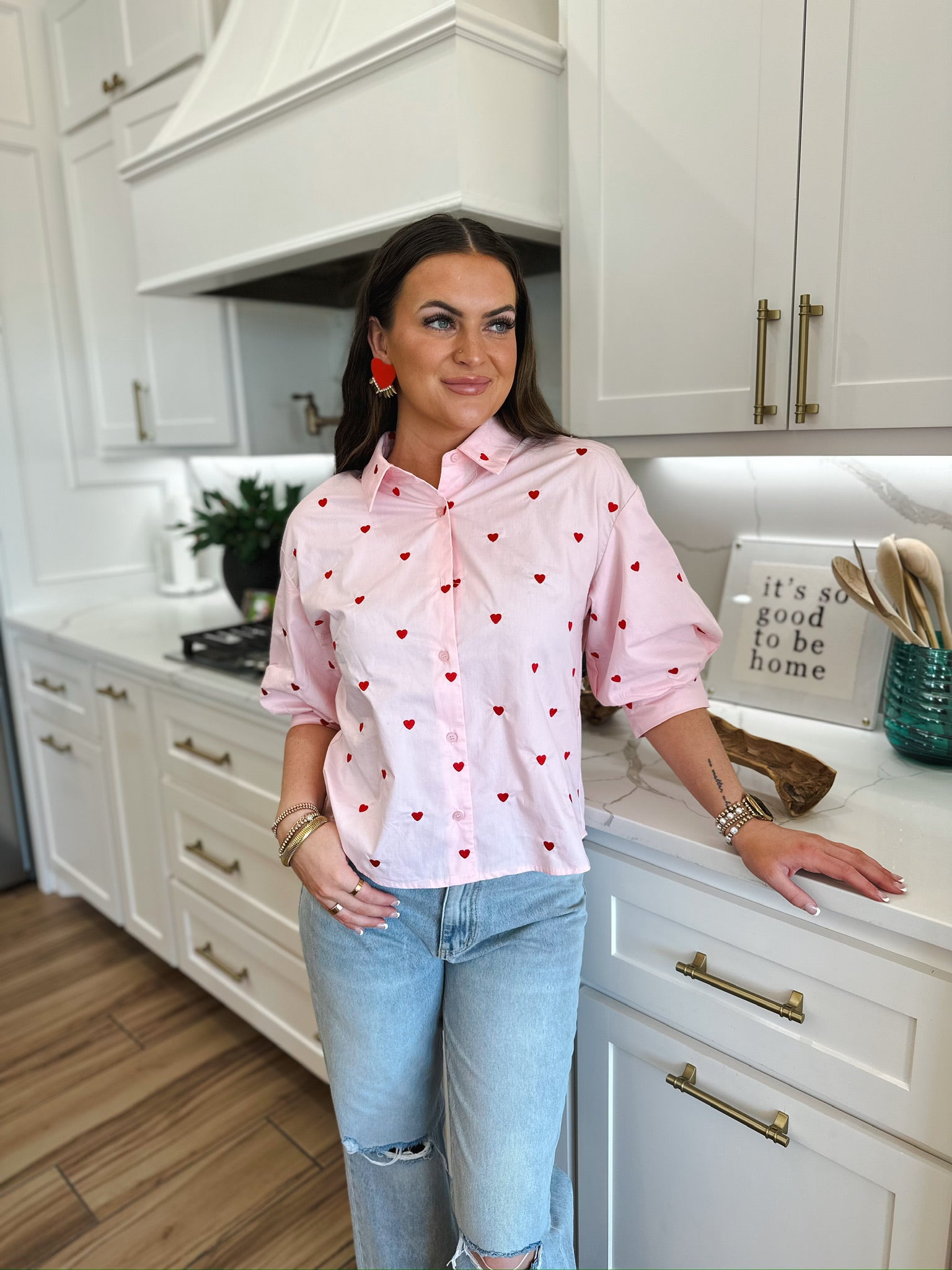 DAY + MOON PINK VALENTINES HEART EMBROIDERED BUTTON DOWN SHIRT - Tops