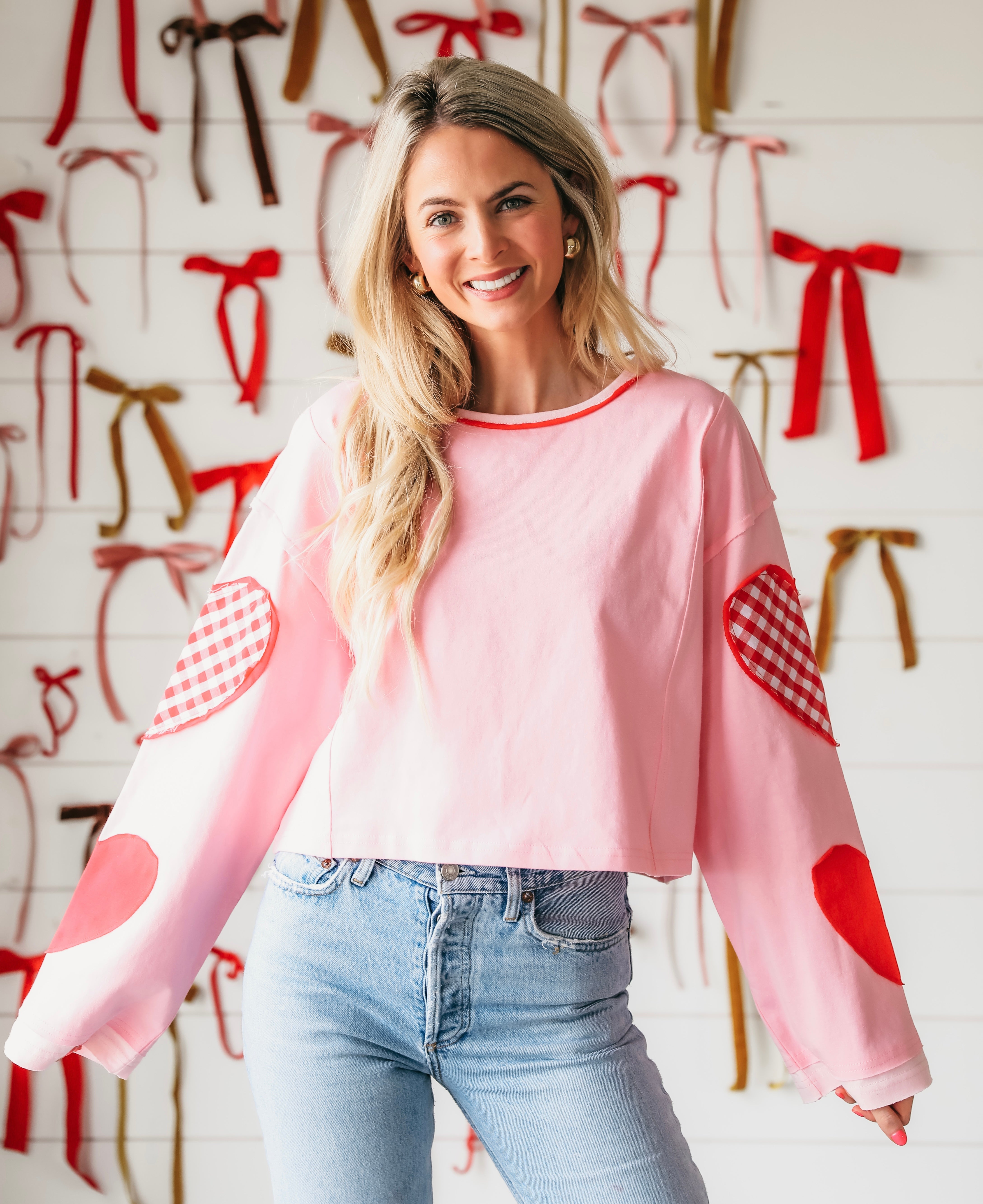DAY AND MOON PINK LONG SLEEVE SHIRT WITH RED PATCHWORK HEARTS ON THE SLEEVE - Tops
