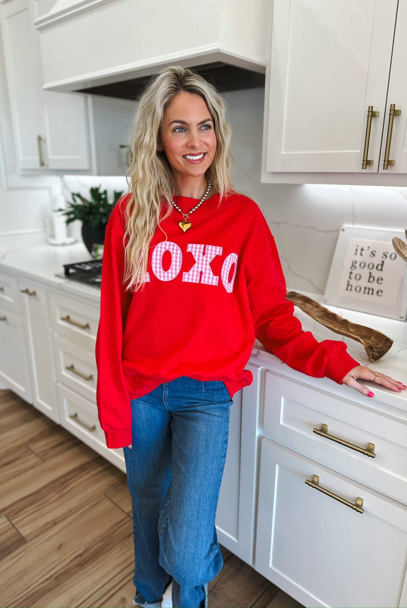 RED MOCK NECK TOP W/PINK GINGHAM XOXO PATCHWORK - SWEATSHIRT