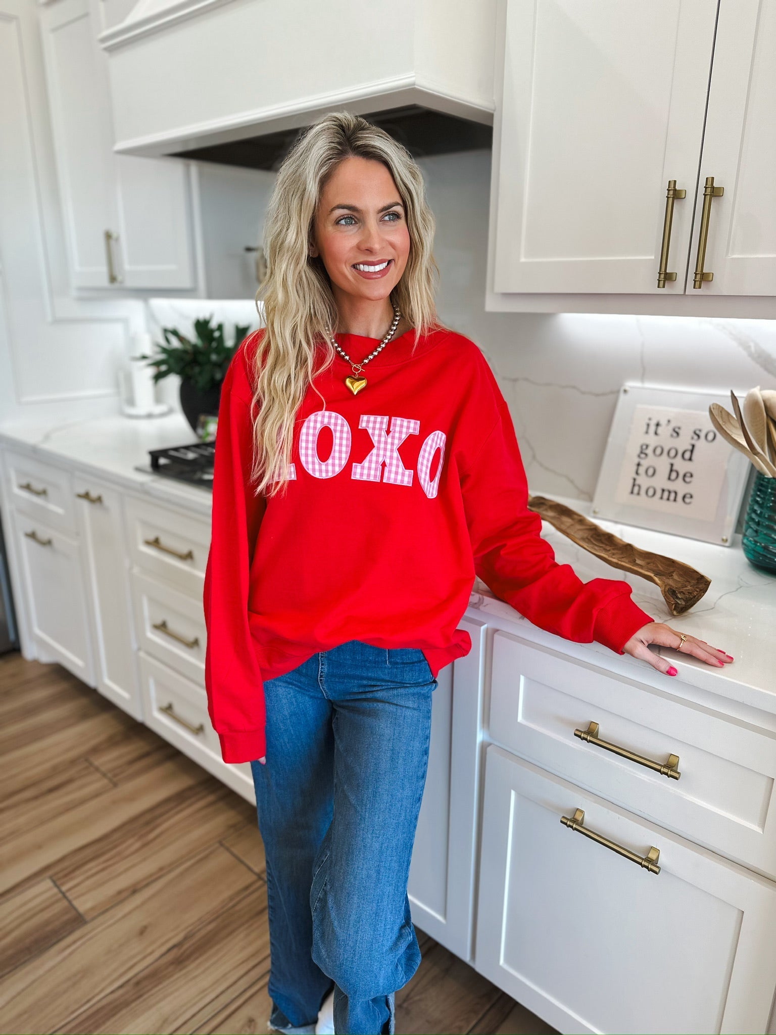 RED MOCK NECK TOP W/PINK GINGHAM XOXO PATCHWORK - SWEATSHIRT