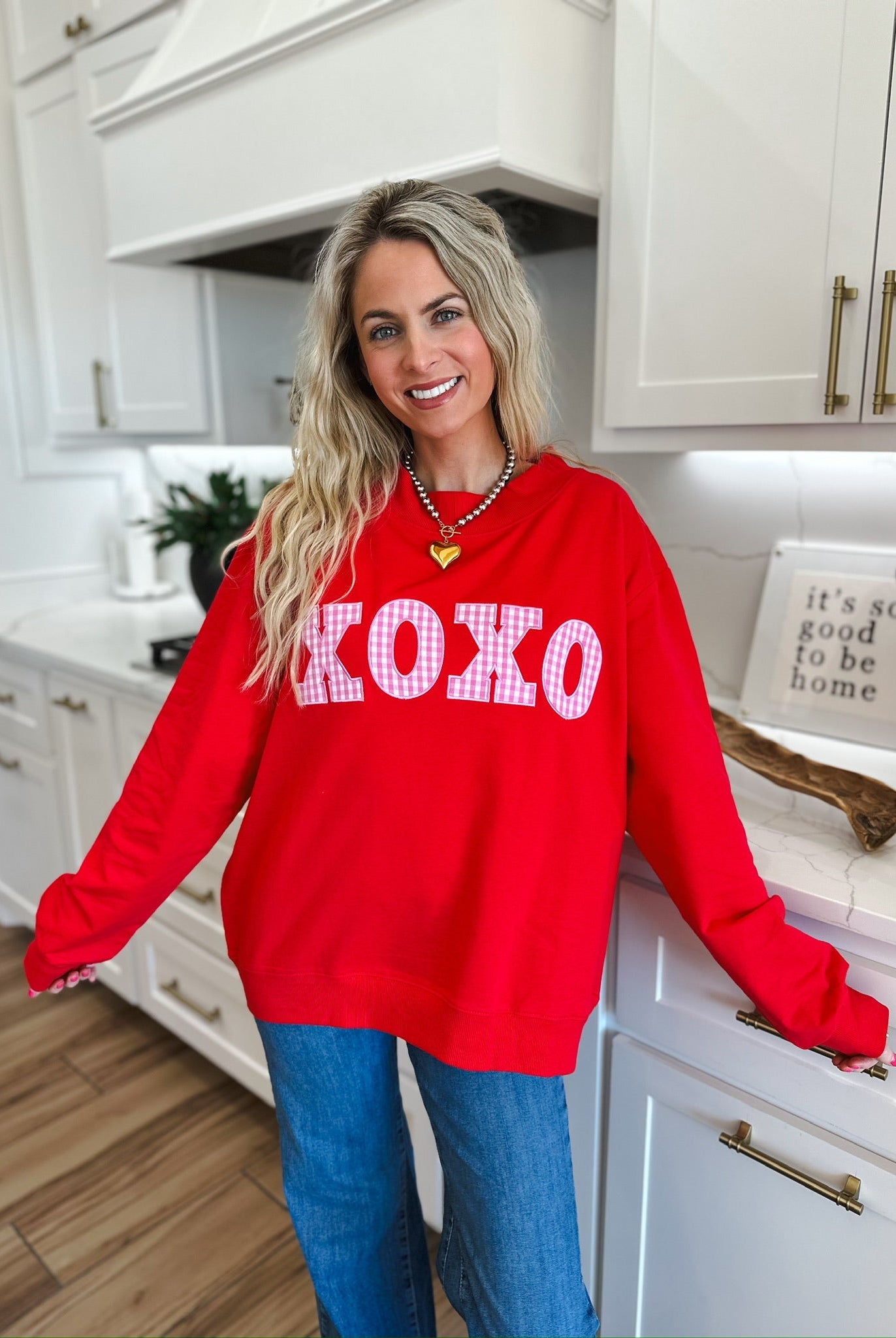RED MOCK NECK TOP W/PINK GINGHAM XOXO PATCHWORK - SWEATSHIRT