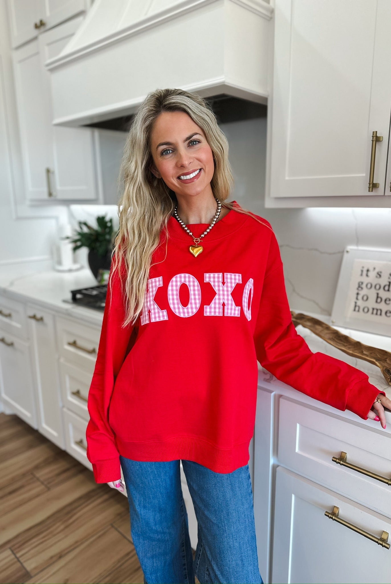 RED MOCK NECK TOP W/PINK GINGHAM XOXO PATCHWORK - SWEATSHIRT