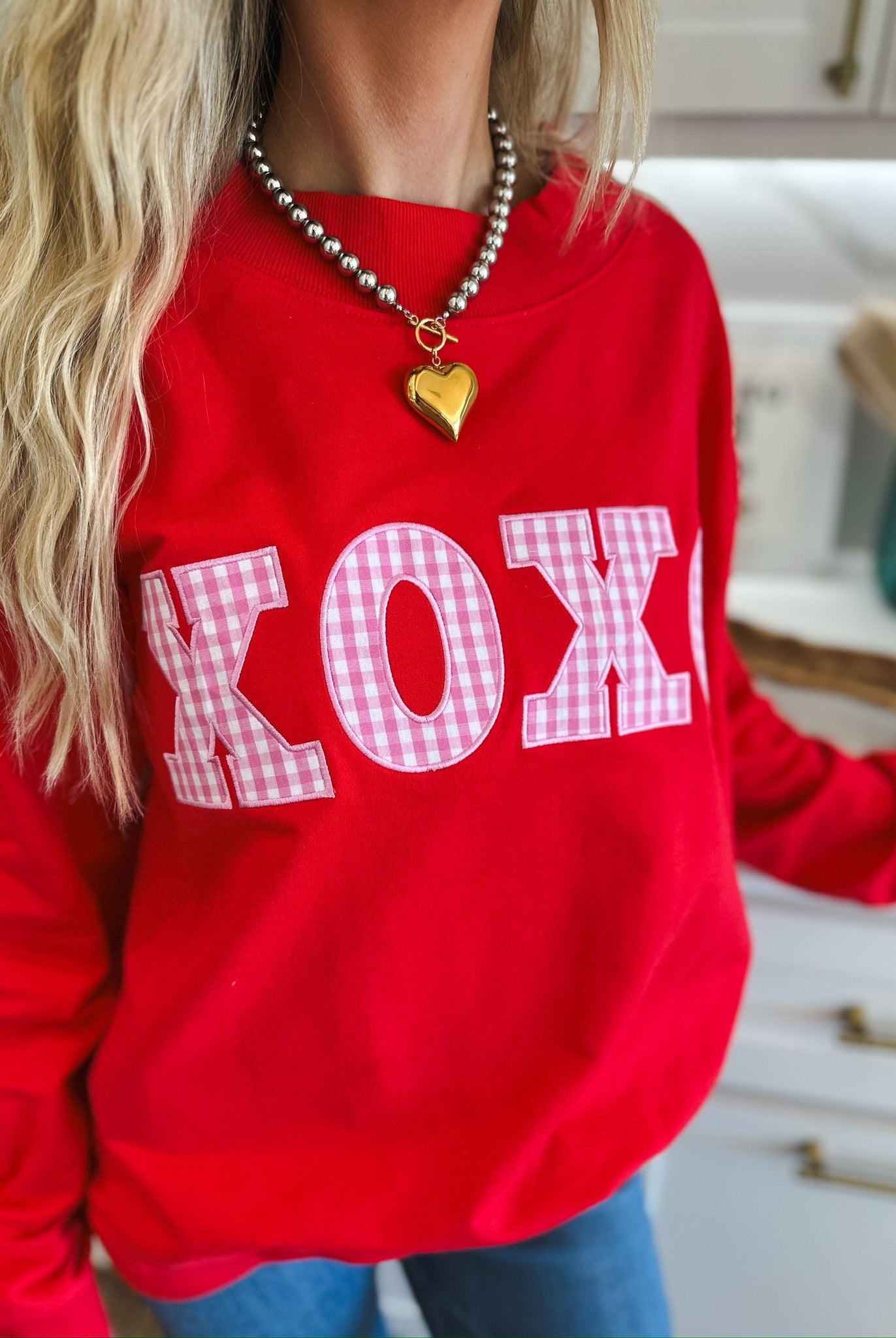 RED MOCK NECK TOP W/PINK GINGHAM XOXO PATCHWORK - SWEATSHIRT