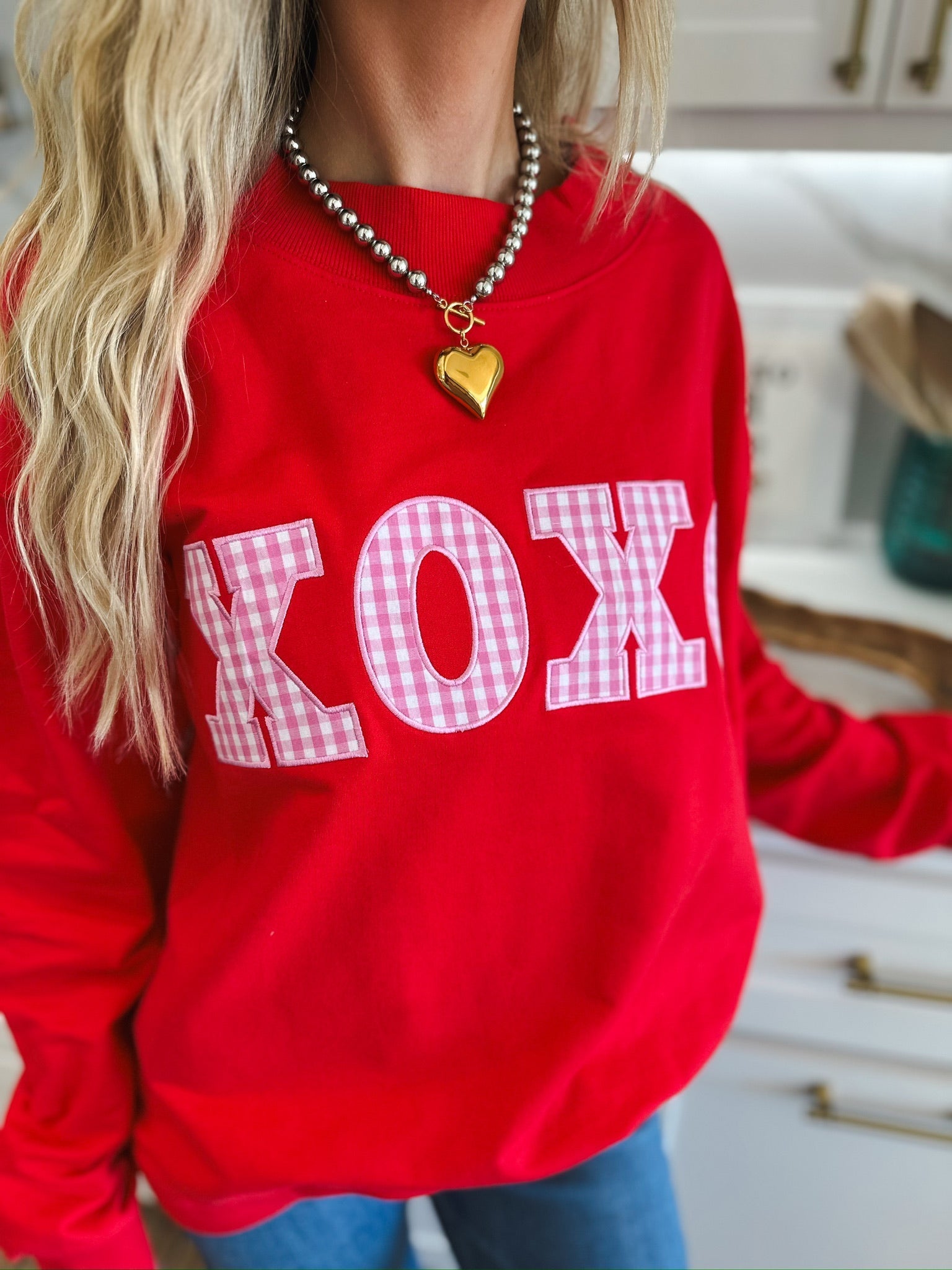 RED MOCK NECK TOP W/PINK GINGHAM XOXO PATCHWORK - SWEATSHIRT