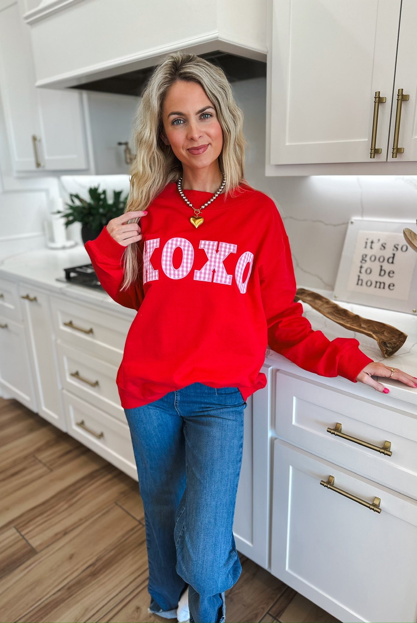 RED MOCK NECK TOP W/PINK GINGHAM XOXO PATCHWORK - SWEATSHIRT