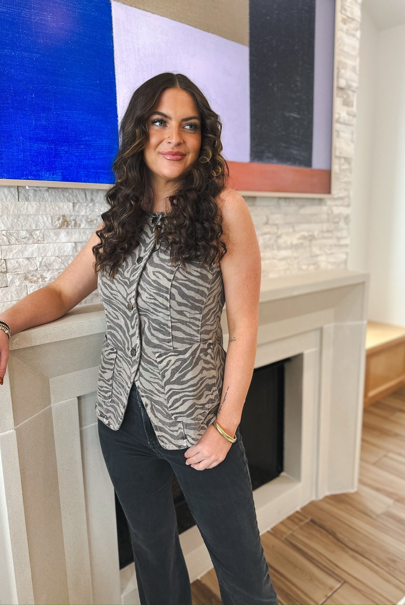 DENIM ZEBRA PRINT SQUARE NECK BUTTON- DOWN TOP - Tops