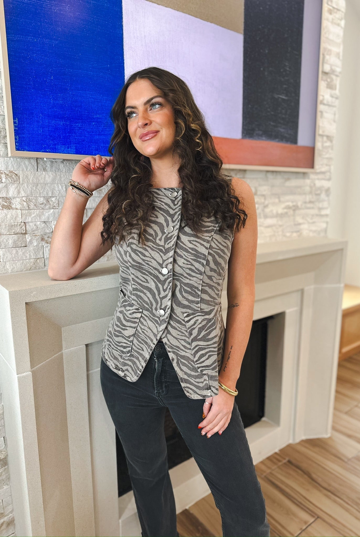 DENIM ZEBRA PRINT SQUARE NECK BUTTON- DOWN TOP - Tops