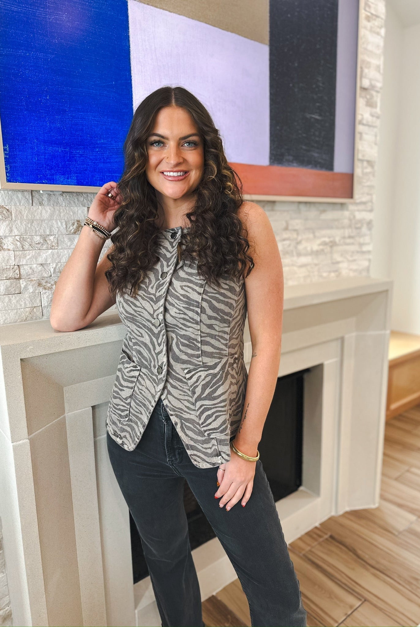 DENIM ZEBRA PRINT SQUARE NECK BUTTON- DOWN TOP - Tops