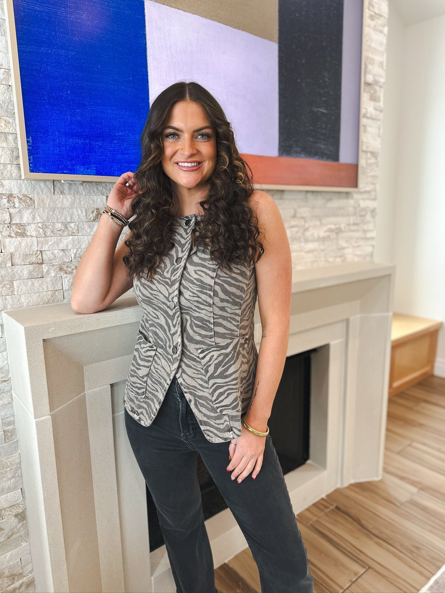 DENIM ZEBRA PRINT SQUARE NECK BUTTON- DOWN TOP - Tops