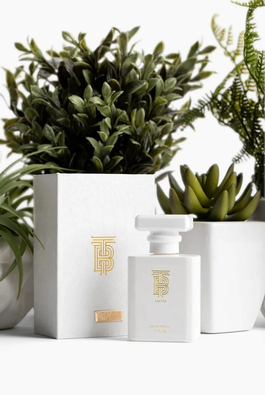 Thomas Blonde "Canyon" Eau de Parfum 1.7 FL. OZ. white bottle with gold TB logo & box, surrounded by green plants.