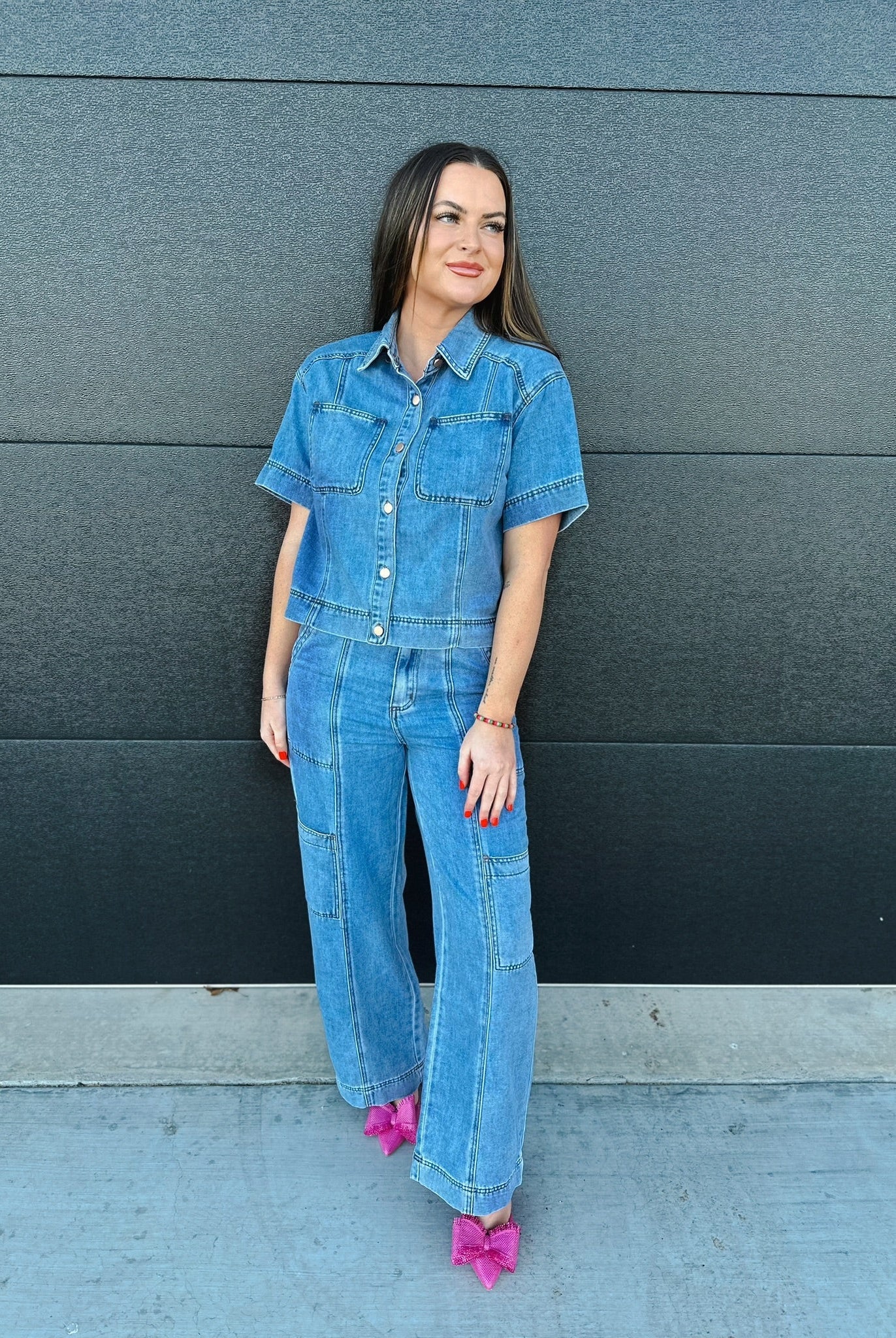 DENIM BUTTON DOWN COLLARED TOP AND CARGO PANTS SET - SET