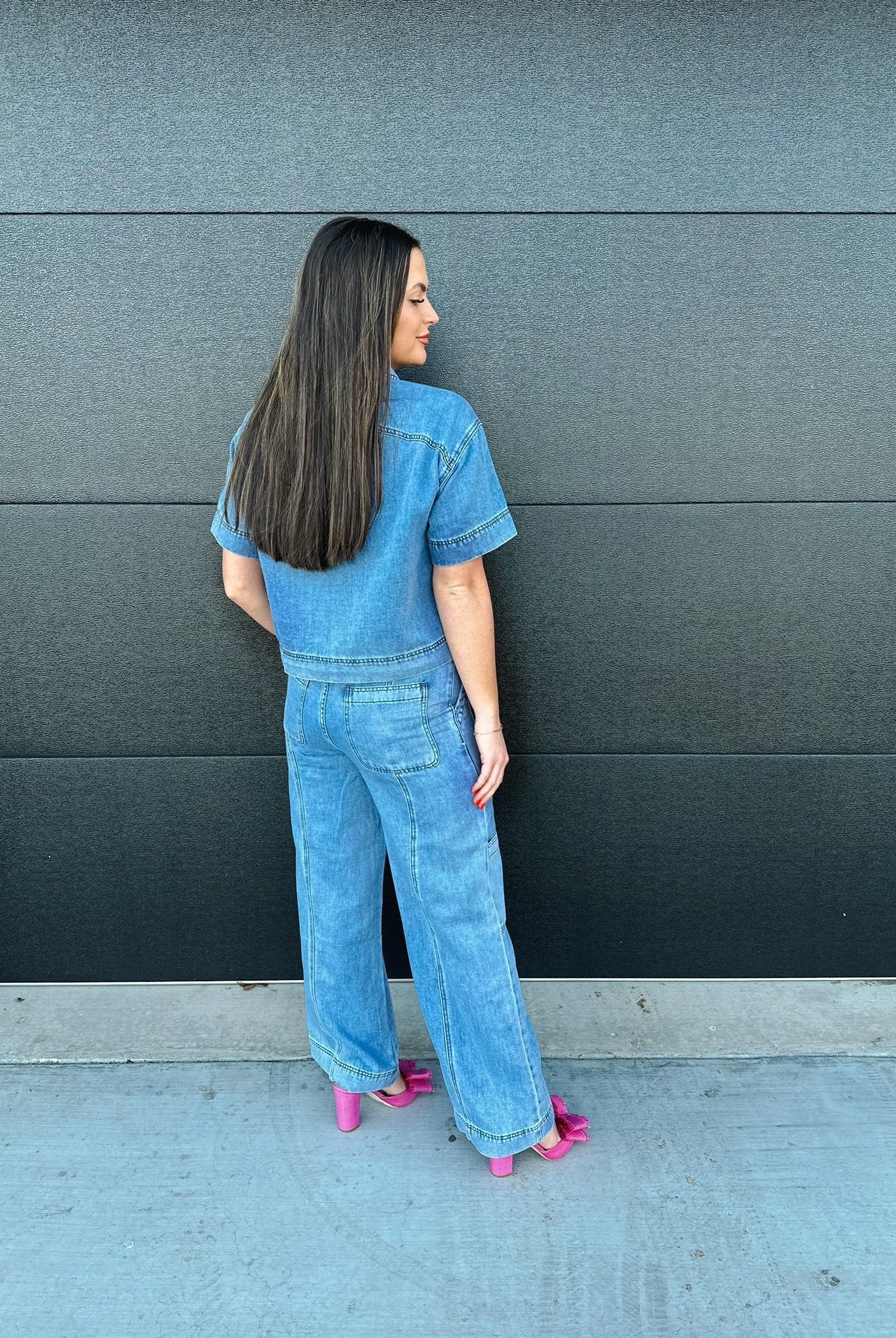 DENIM BUTTON DOWN COLLARED TOP AND CARGO PANTS SET - SET