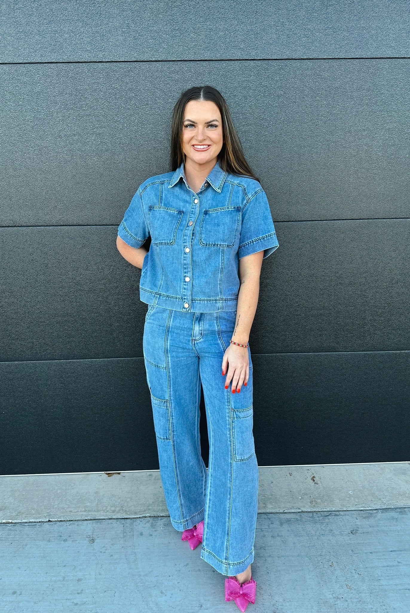 DENIM BUTTON DOWN COLLARED TOP AND CARGO PANTS SET - SET