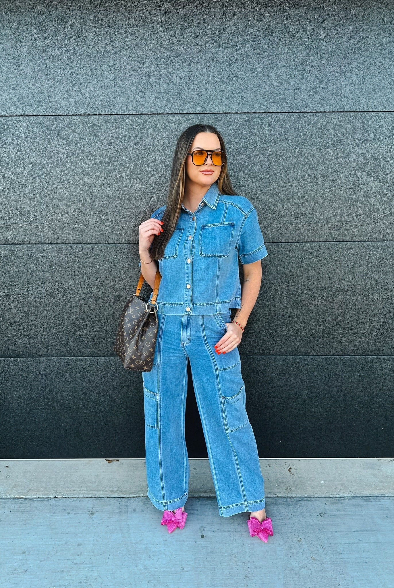 DENIM BUTTON DOWN COLLARED TOP AND CARGO PANTS SET - SET