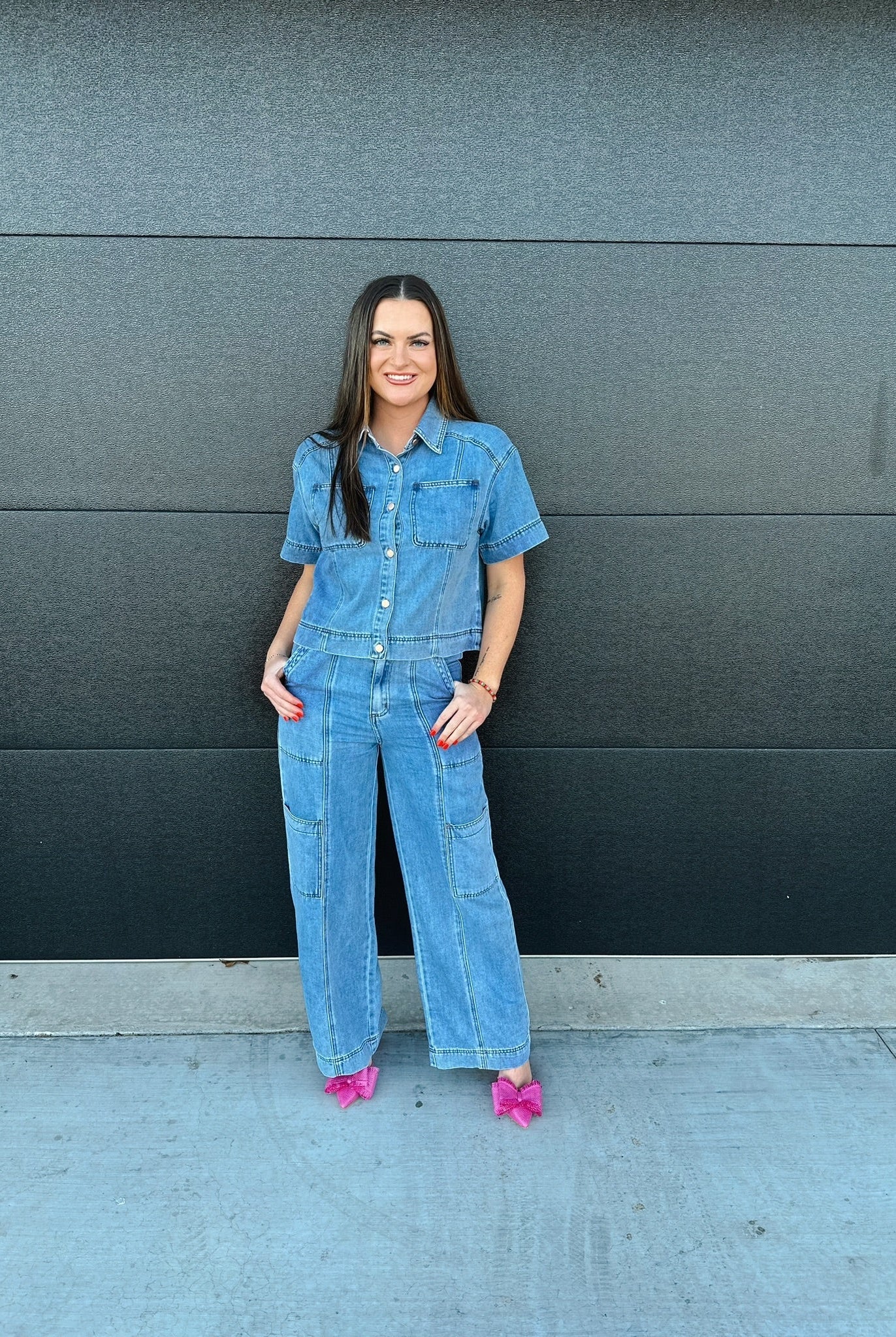 DENIM BUTTON DOWN COLLARED TOP AND CARGO PANTS SET - SET