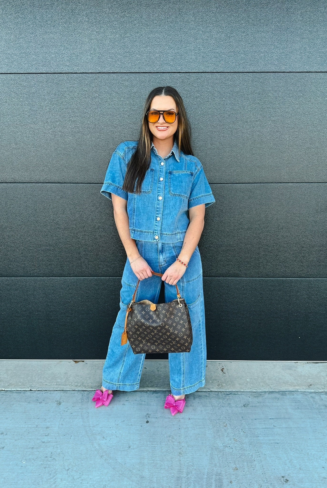 DENIM BUTTON DOWN COLLARED TOP AND CARGO PANTS SET - SET