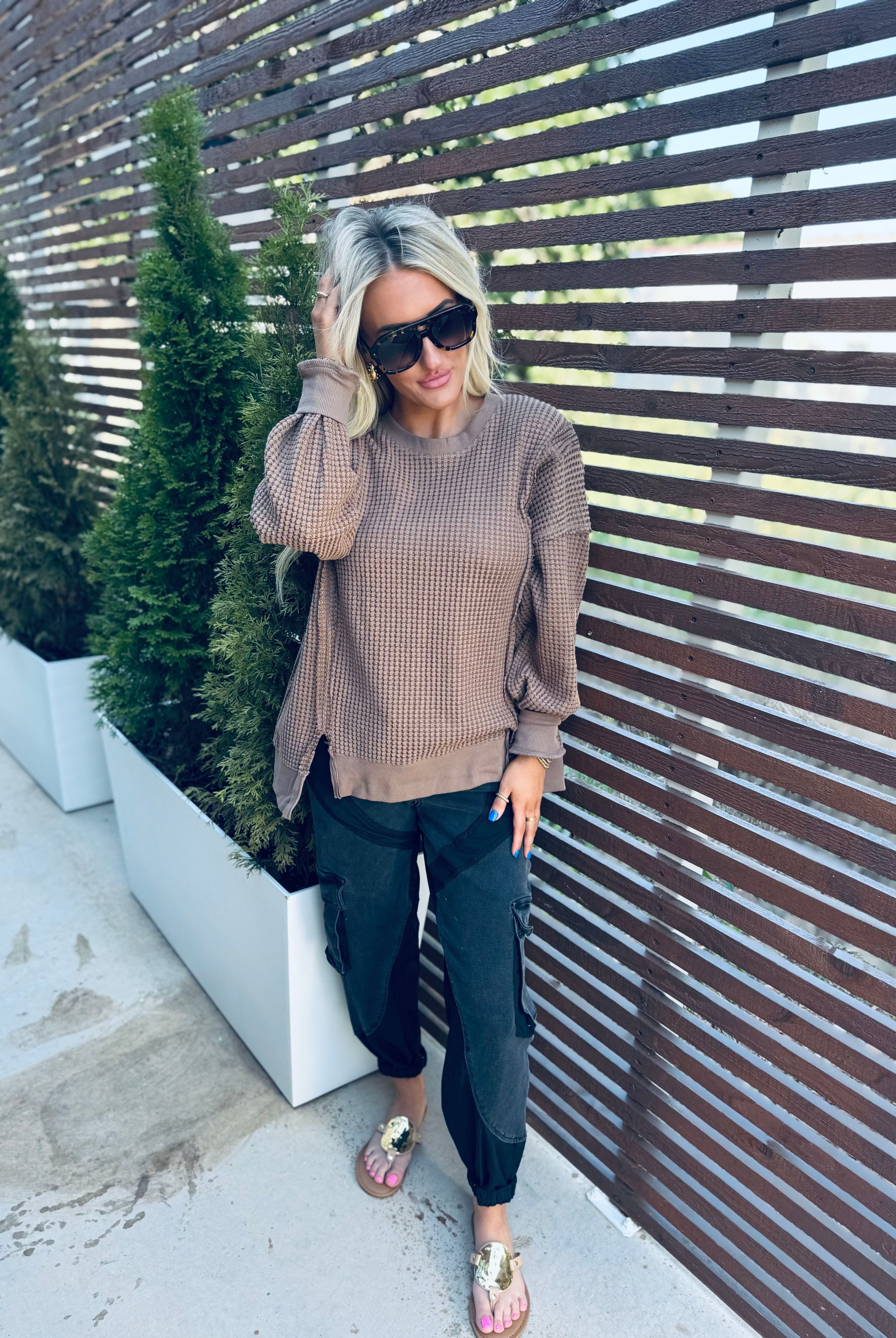 TAUPE OVERSIZED WAFFLE KNIT CASUAL TOP - Tops