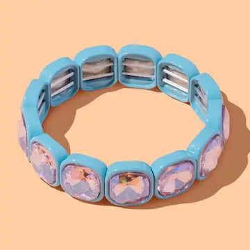 Elise enamel and stone bracelet with light blue enamel rectangular links and clear faceted crystal stones.