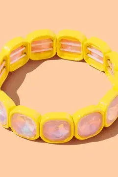 Elise Enamel and Stone Bracelets: yellow elastic bracelet with square enamel beads and iridescent oval stones.