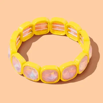 Elise Enamel and Stone Bracelets: yellow elastic bracelet with square enamel beads and iridescent oval stones.