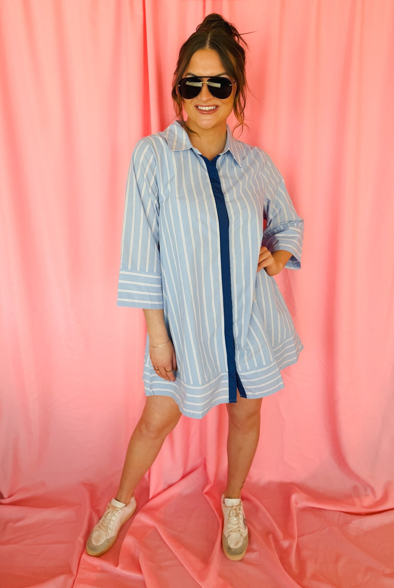 Entro Blue and White Striped Button Up Shirt Dress - Dress