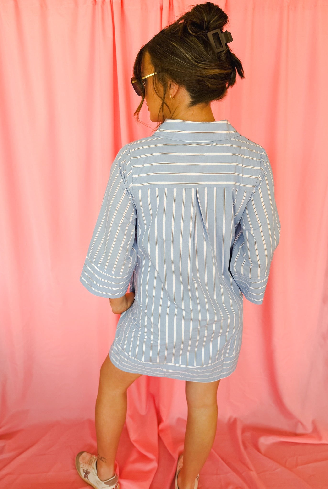 Entro Blue and White Striped Button Up Shirt Dress - Dress
