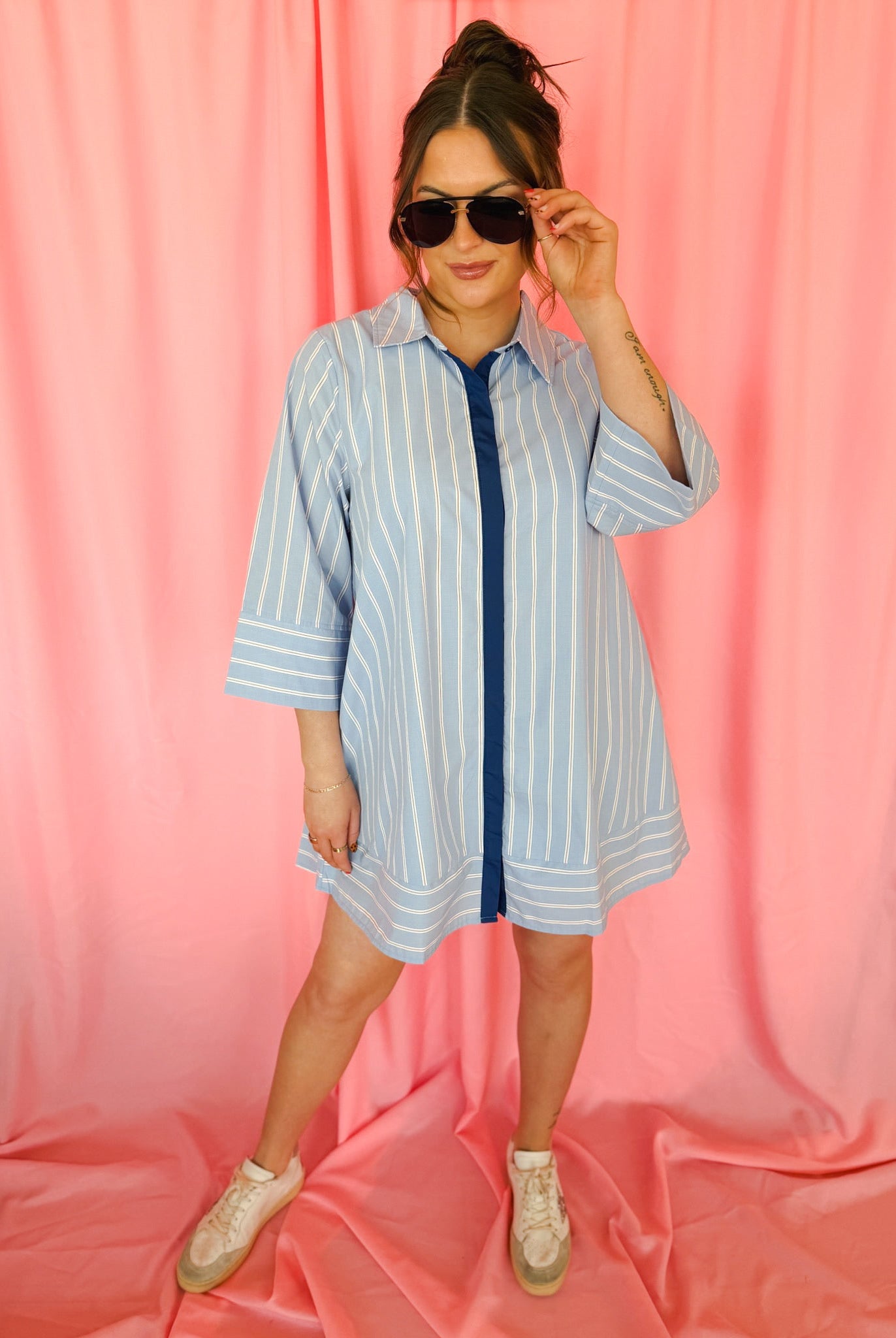 Entro Blue and White Striped Button Up Shirt Dress - Dress