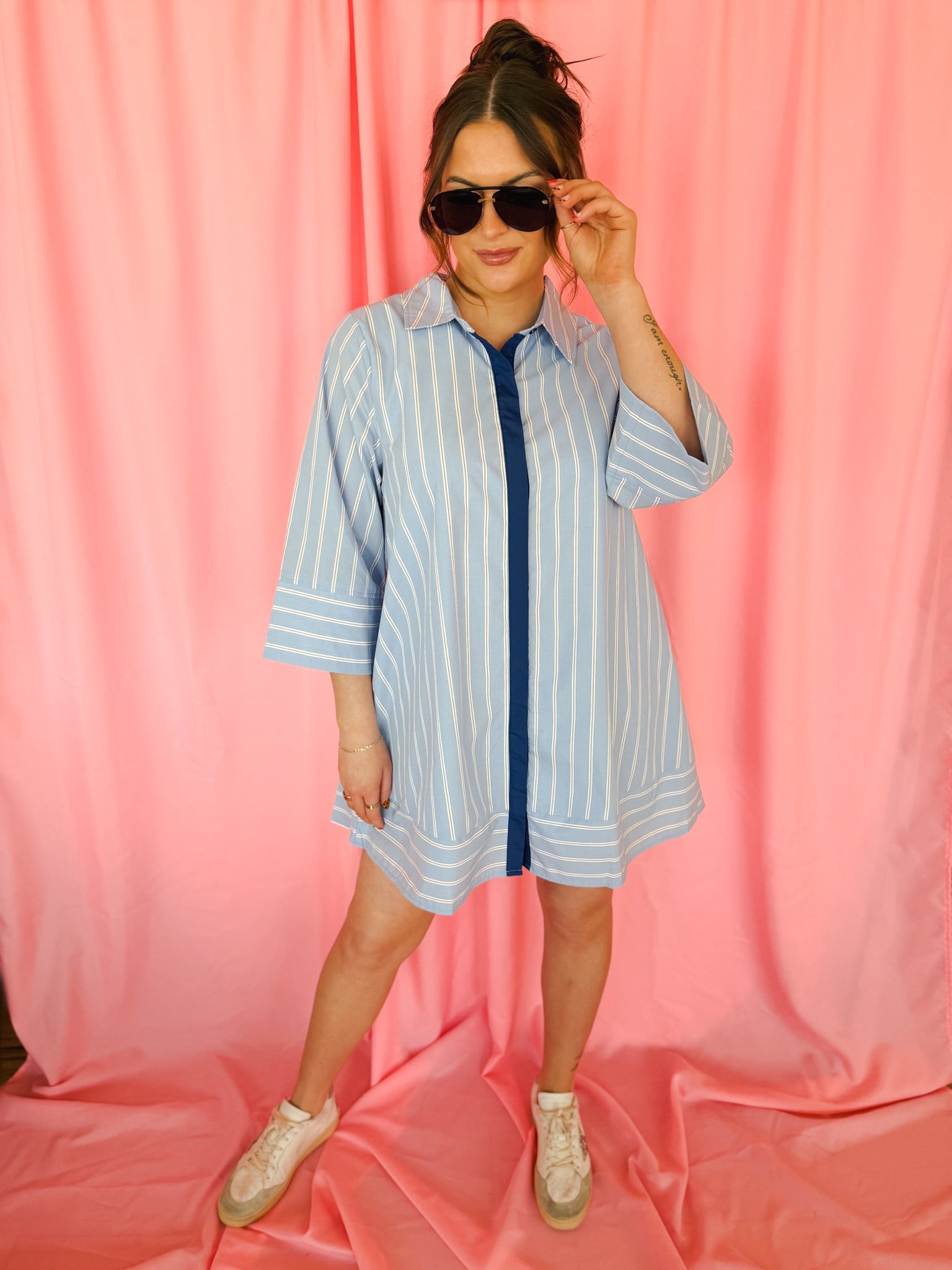 Entro Blue and White Striped Button Up Shirt Dress - Dress