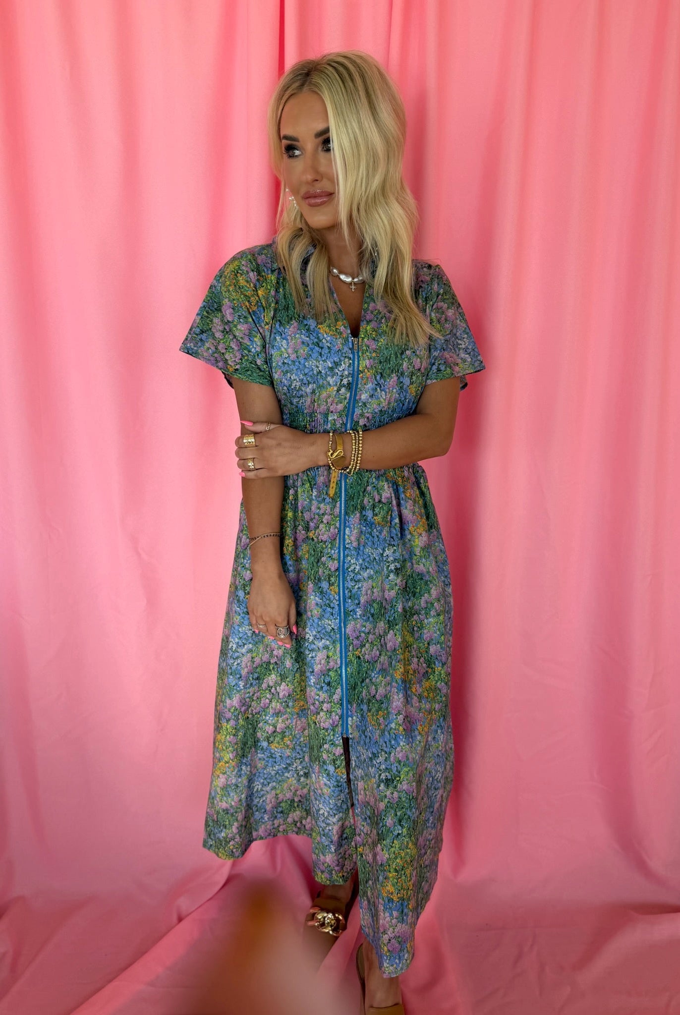 Entro Blue Floral Zip-Up Dress - Dress