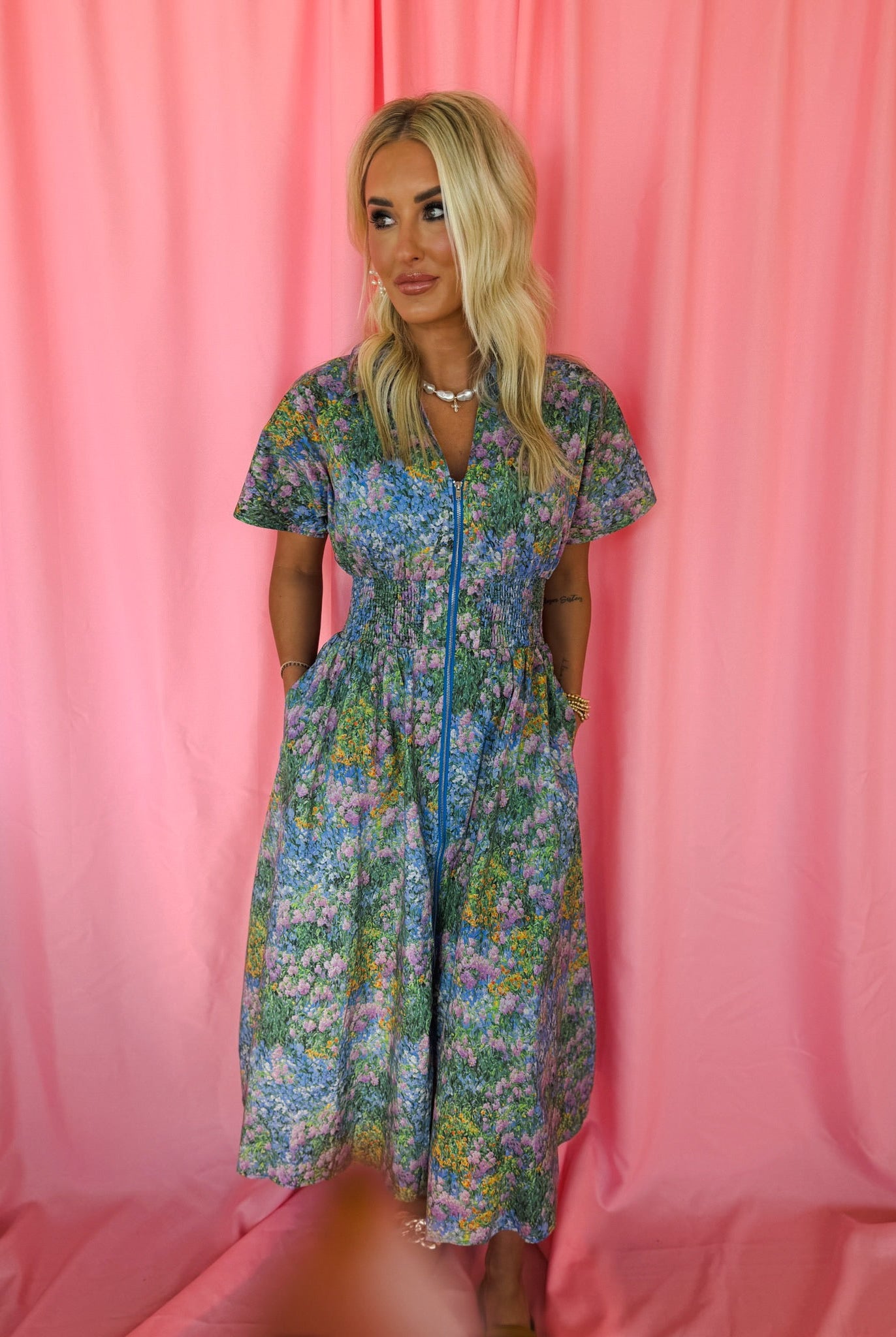 Entro Blue Floral Zip-Up Dress - Dress