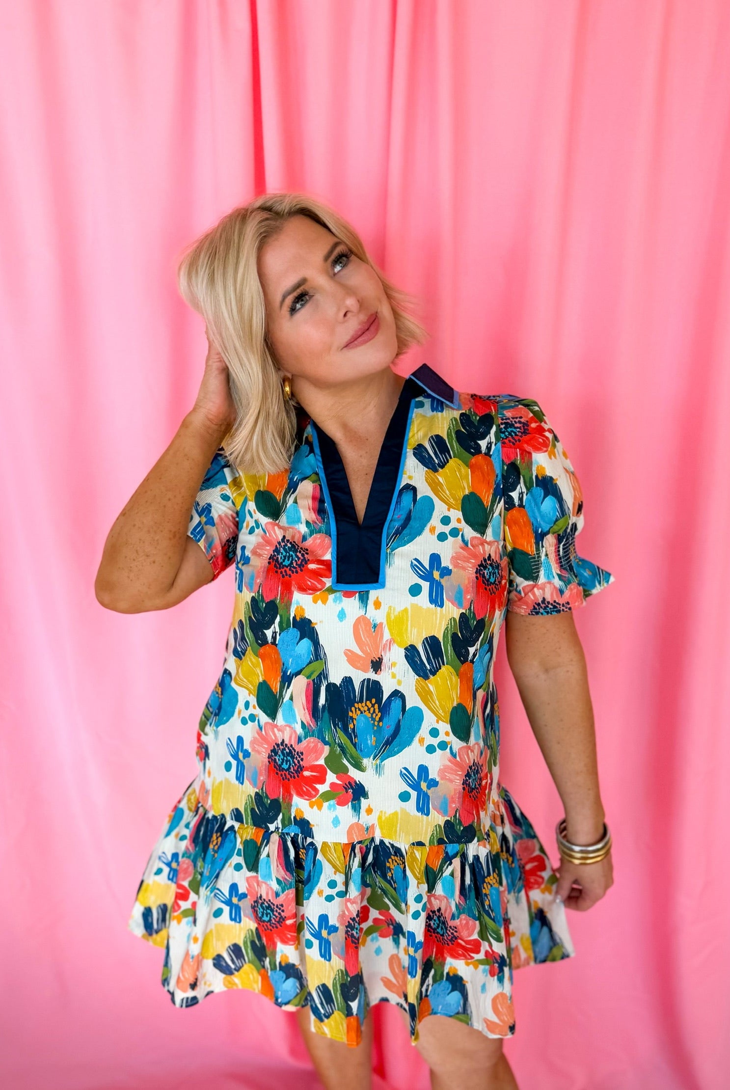 Entro Blue Spring Flower Puffer Sleeve Dress - Dress