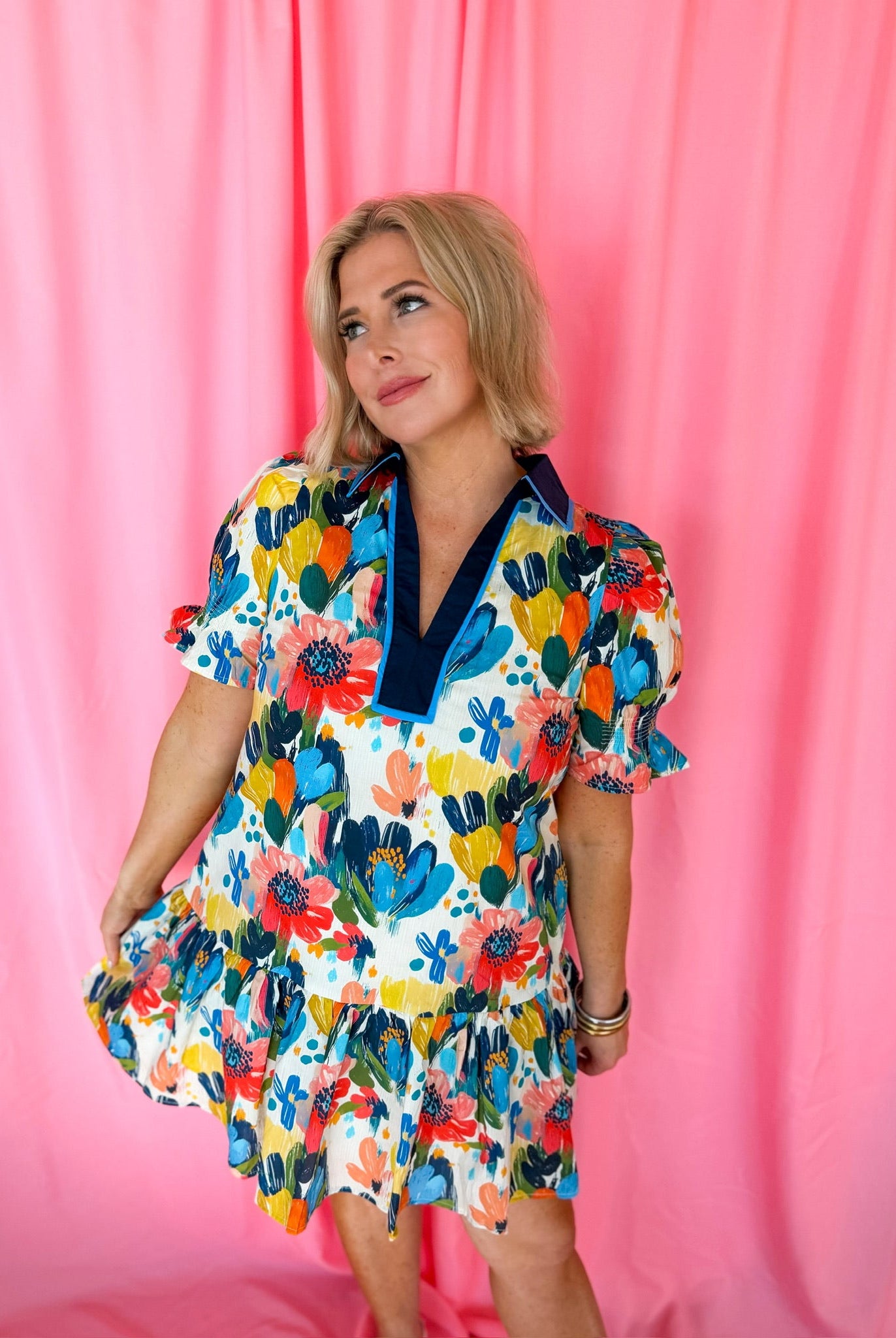 Entro Blue Spring Flower Puffer Sleeve Dress - Dress