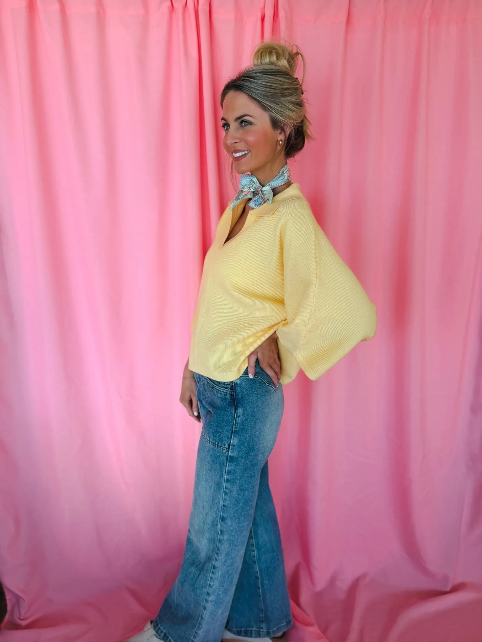 Entro Butter Yellow Ribbed Sweater Top, V-neck, wide sleeves, paired with blue jeans.