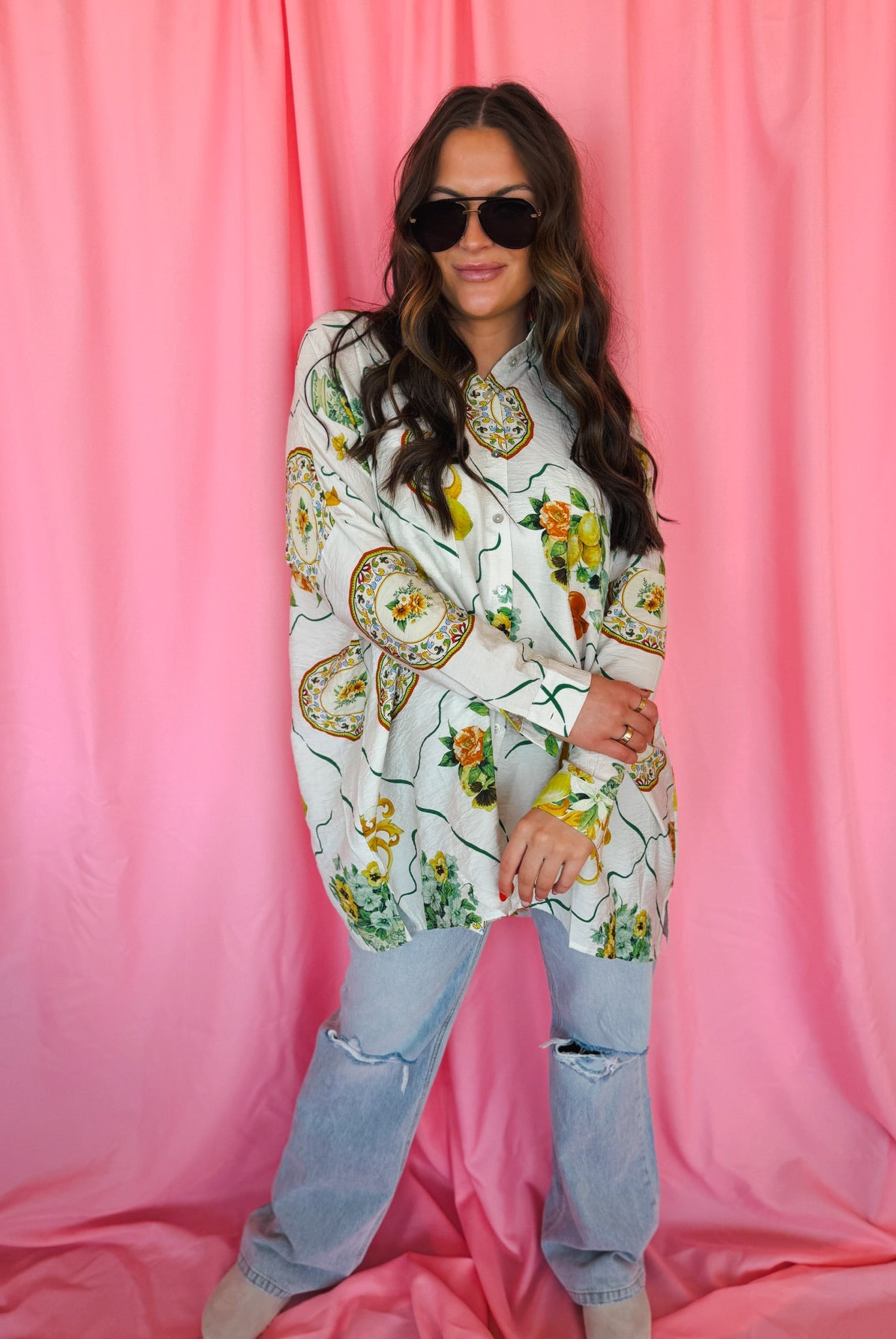 Entro Citrus Garden Button-Down Oversized Top - Tops