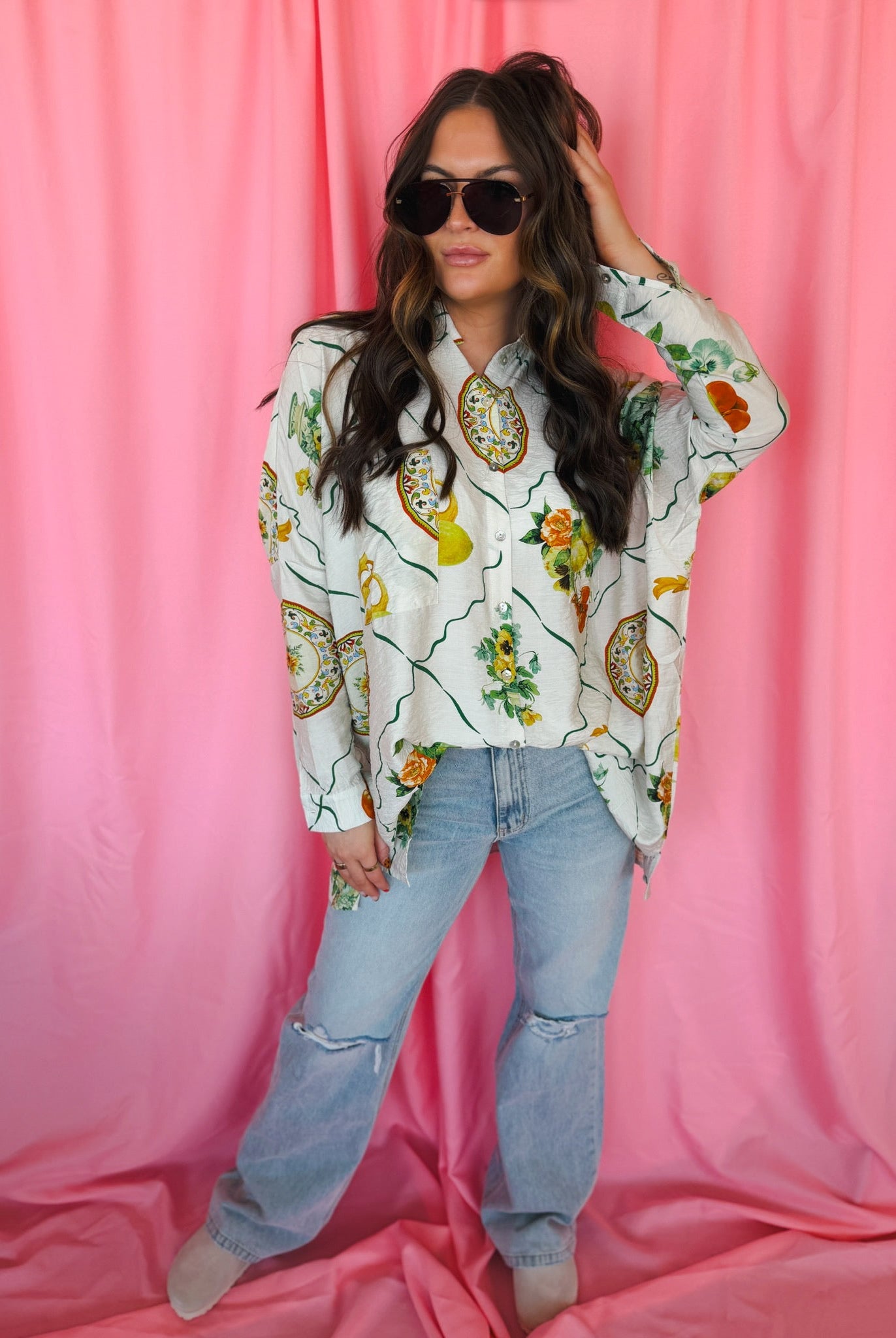 Entro Citrus Garden Button-Down Oversized Top - Tops