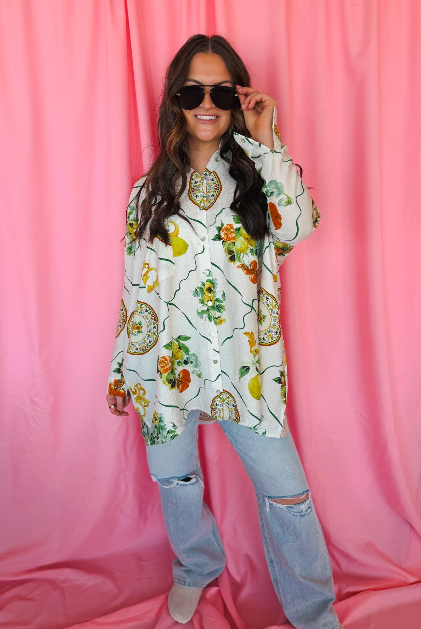 Entro Citrus Garden Button-Down Oversized Top - Tops