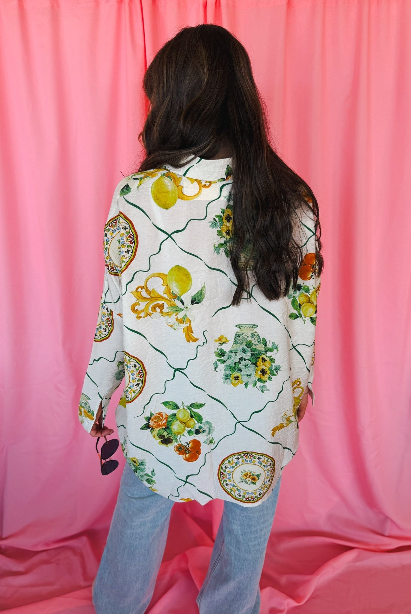 Entro Citrus Garden Button-Down Oversized Top - Tops