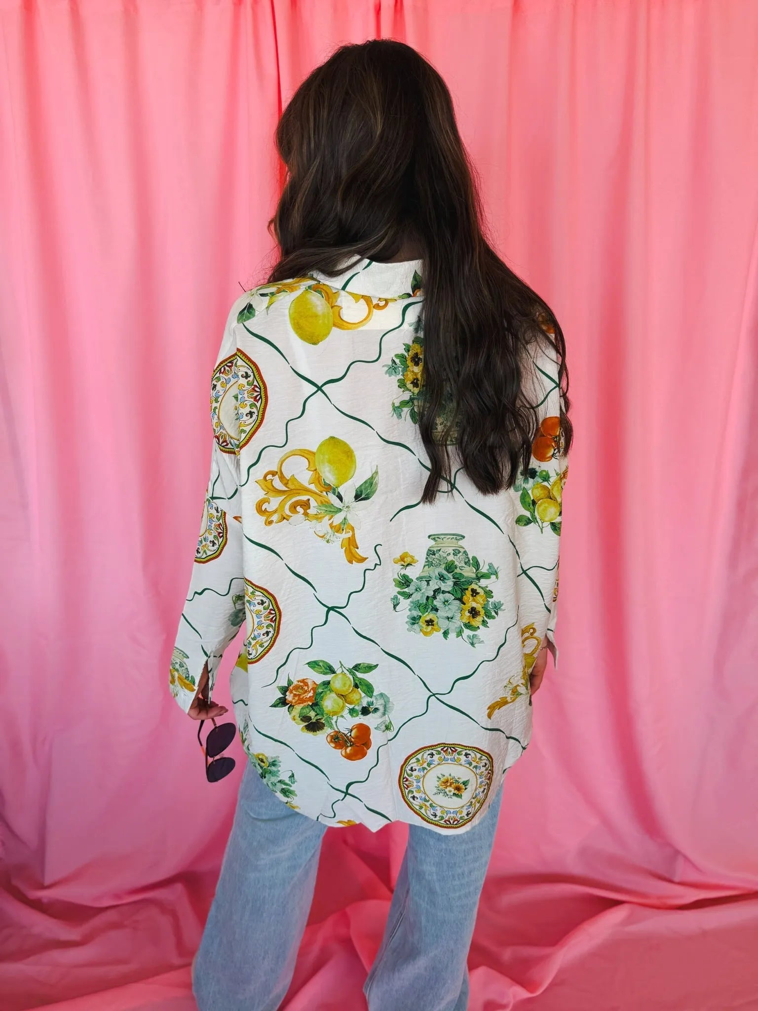 Entro Citrus Garden Button-Down Top: White oversized button-down shirt with a print of lemons, cherries, floral